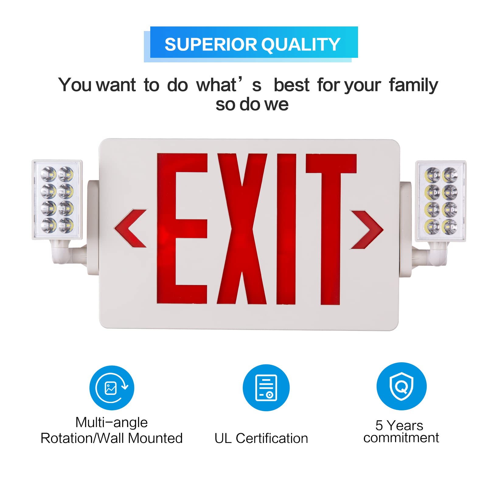 Exitlux 6 Packs Led Red Exit Signwith Emergency Light Combo With Battery Backup-Two Adjustable Head Emergency Exit Lights/Abs Fi