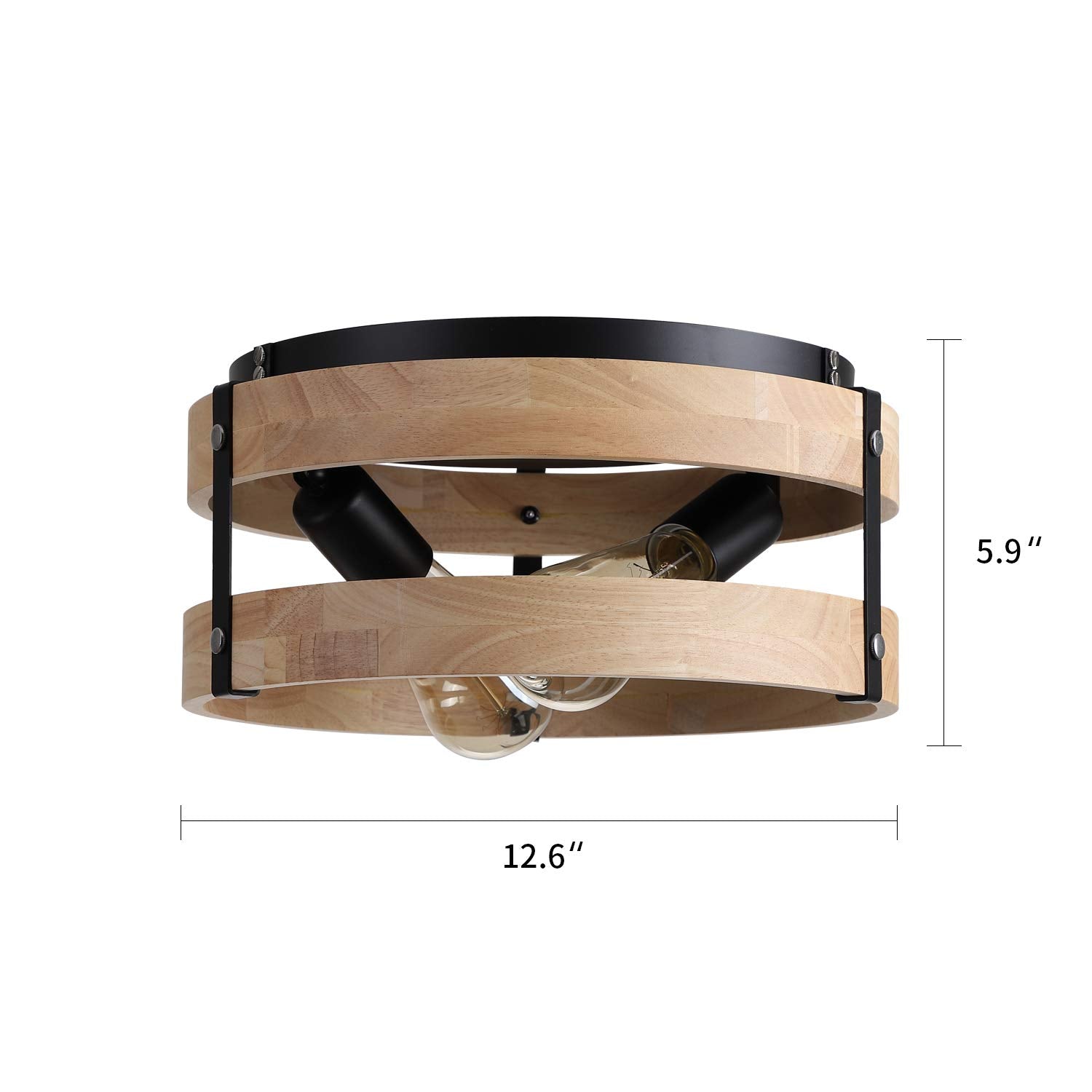 Fivess Lighting Modern Farmhouse Flush Mount Light Fixture, Two-Light, Wood and Metal, Light Yellow, Model fss6201