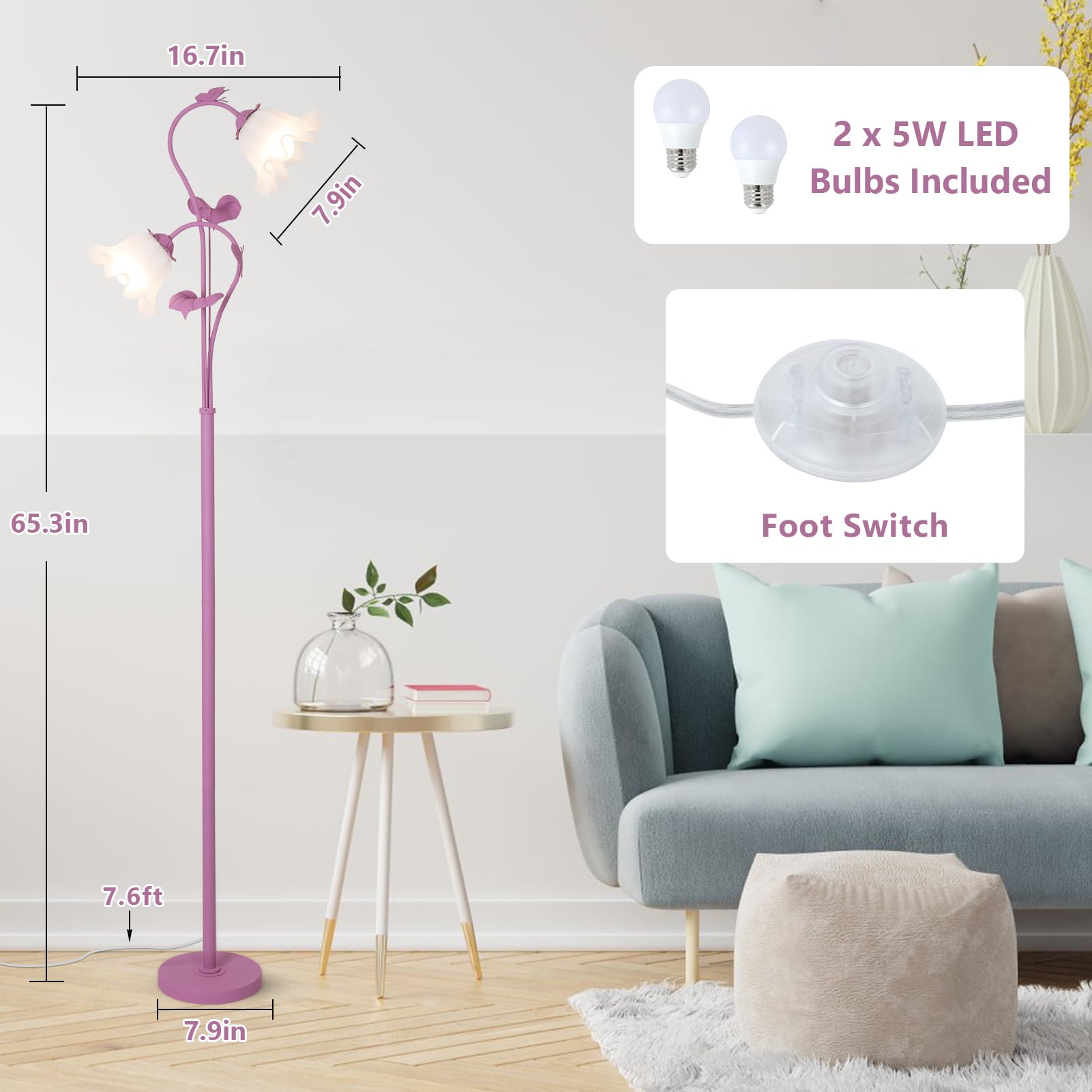 HMVPL Purple Floral Floor Lamp - Cute Lotus Design with 2 LED Bulbs, Foot Switch, Ideal for Bedroom or Nursery, Model 240601D1