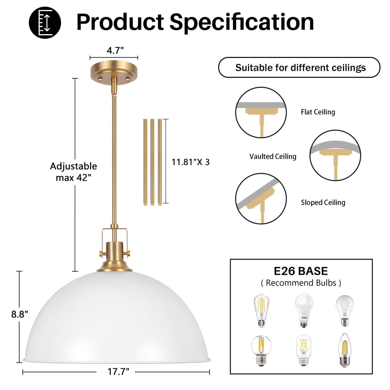 LamQee 18-Inch White and Gold Large Pendant Light Fixture - Metal Farmhouse Chandelier for Kitchen Island, Dining Room, Bar, Hallway