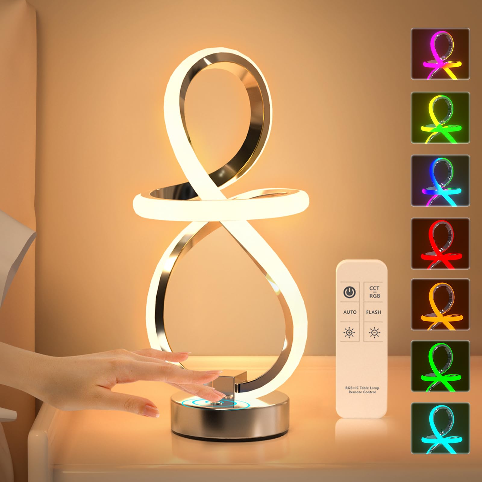 PutWish Modern Table Lamp, 3-Level Dimmable RGB LED, Touch & Remote Control, Silver, Model MT7195-1