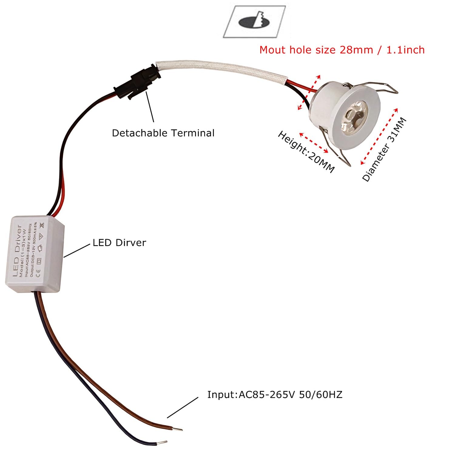 Scpopfer 2Pack 1W Mini Spotlights Indoor Recessed Ceiling Showcase Display Under-Cabinet Lights Fixture With Ac 110V/220V To Dc 3-12V Led Driver Power Supply 3000K Warm-White Lighting White-Shell