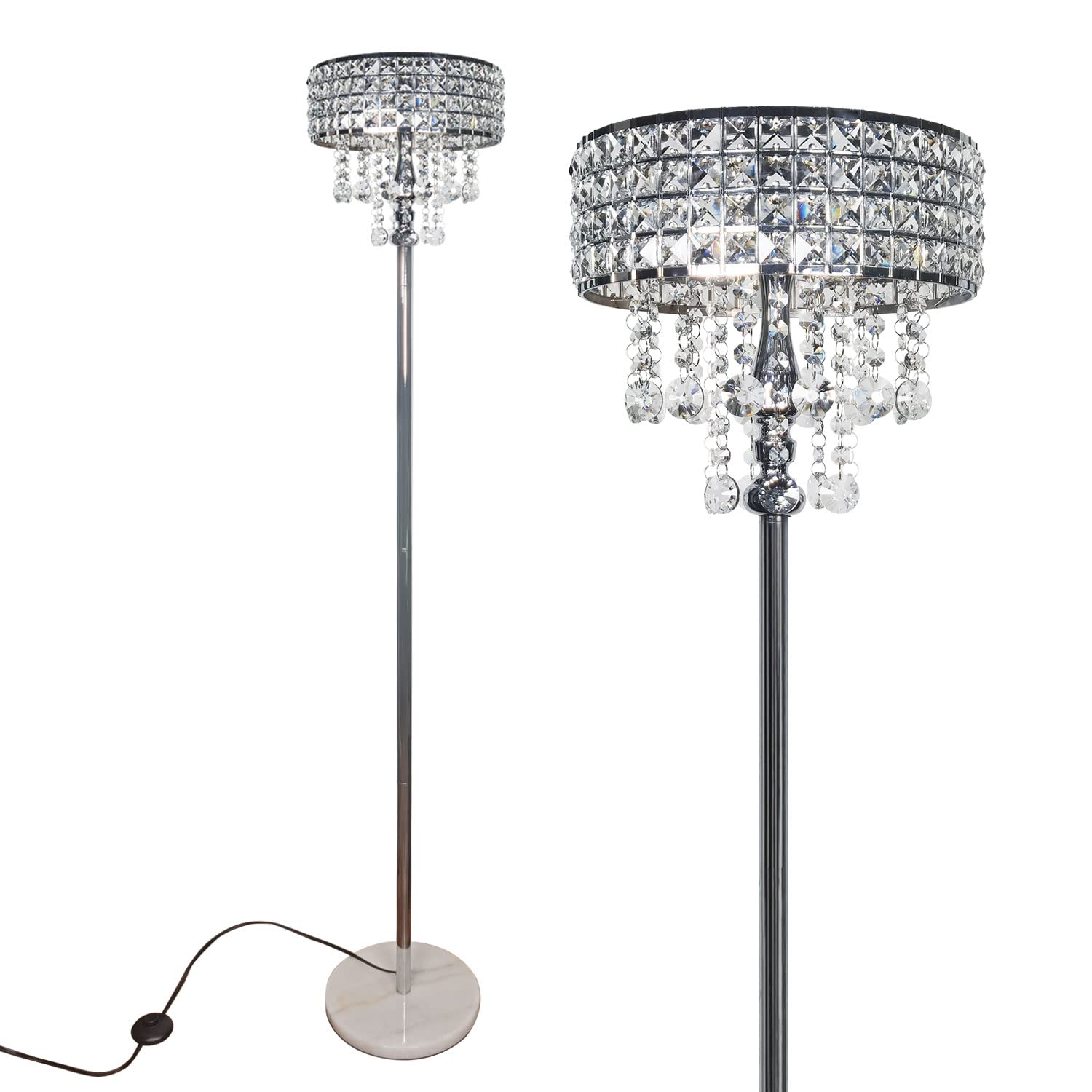 beaysyty Modern K9 Clear Glass Crystals Floor Lamp, On/Off Foot Switch, Crystal & Glass 3-Lights Standing Light, Reading Corner 