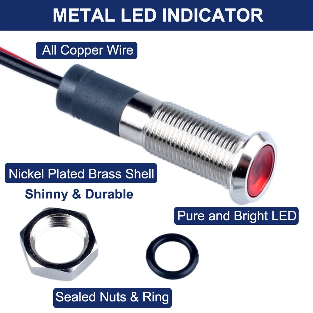 Dmwd 5 Pcs 12V-24V 6Mm Led Indicator Light Mounting Hole 1/4" 20Ma Energy Saving Metal Signal Lamp Waterproof Ip67 With 15Cm/5.9In. Wire For Car Truck Boat (Red Led)