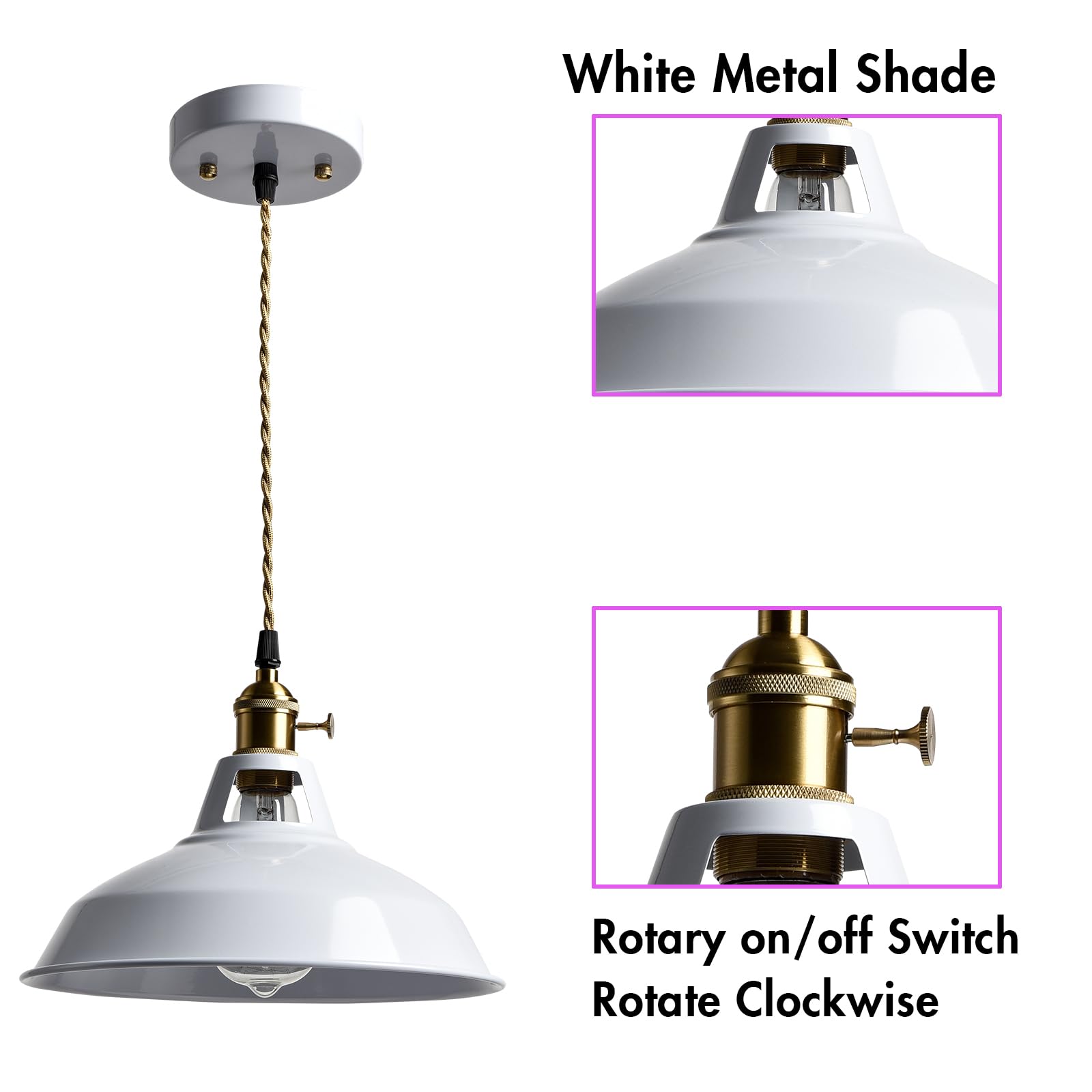 Claxy Industrial Pendant Lights White Metal Barn Shade Hanging Ceiling Light Fixture With Switch E26 Kitchen Pendant Lighting Fo