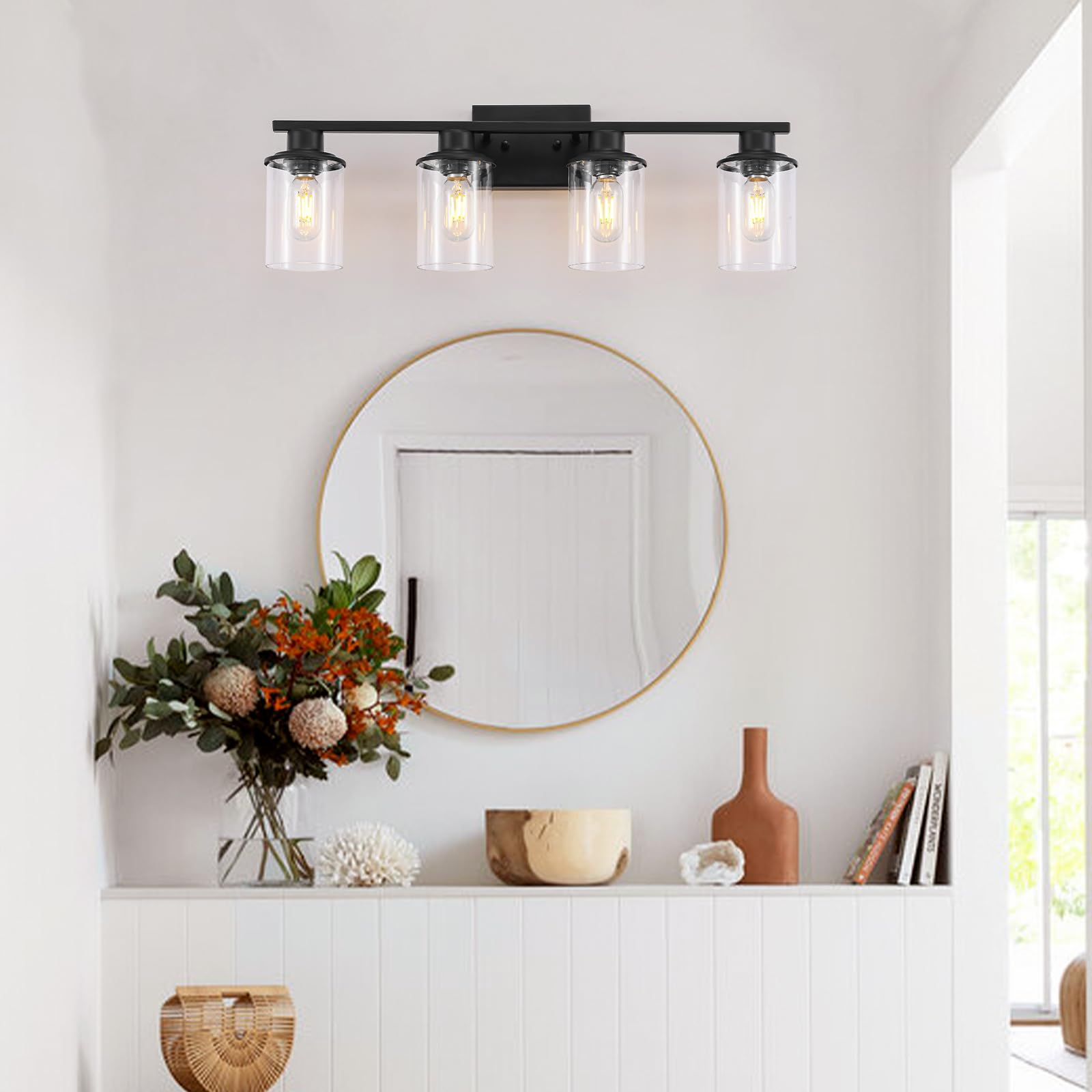 LOUSACE 4 Light Bathroom Vanity Light, Matte Black Metal Fixtures with Glass Shade, Model 21-4-BL, Modern Wall Sconce for Bathroom