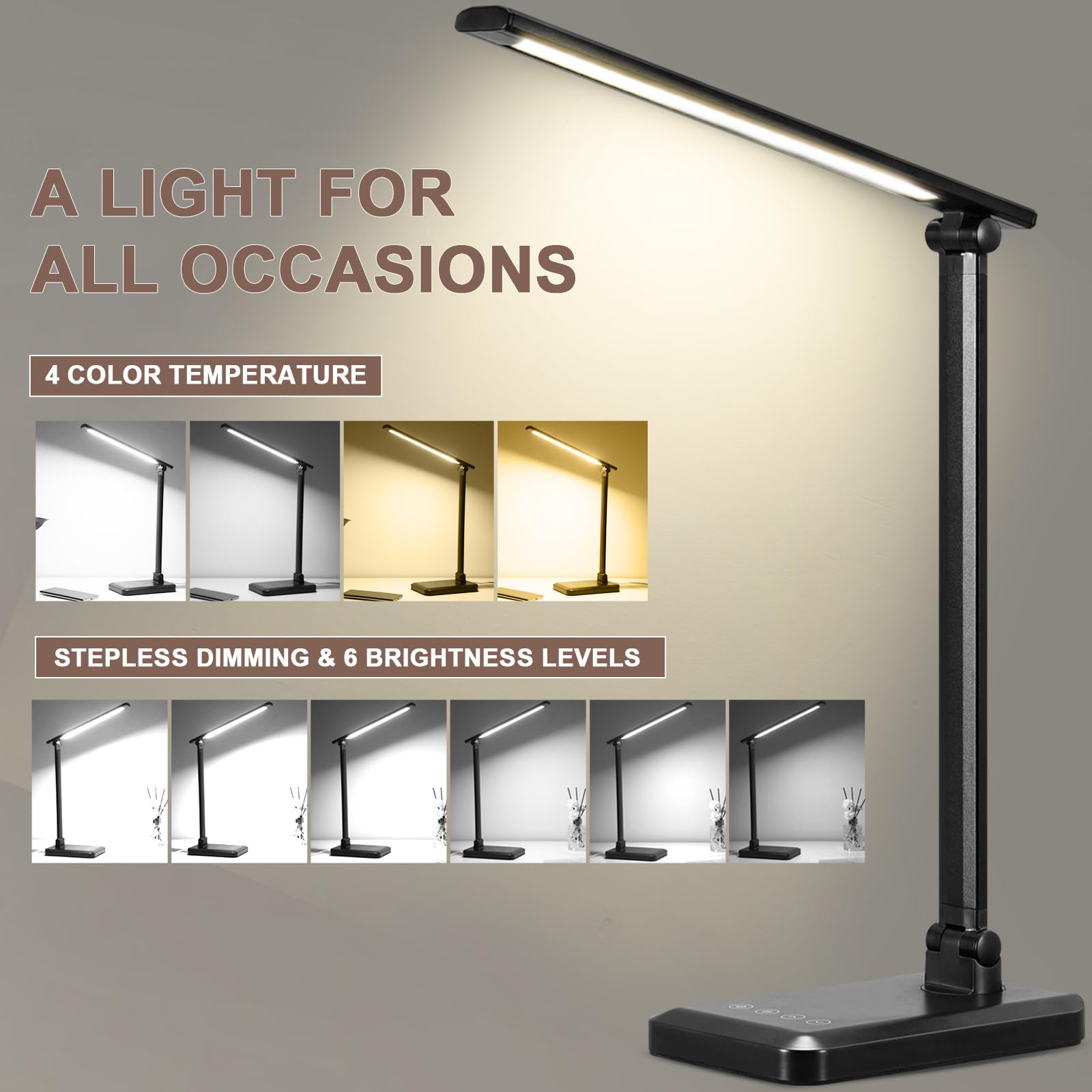 Macasa Led Desk Lamp With Usb Charging Port Whole White For Home Office Essentials Table Lamp With Eye-Caring 4 Color Temperatur