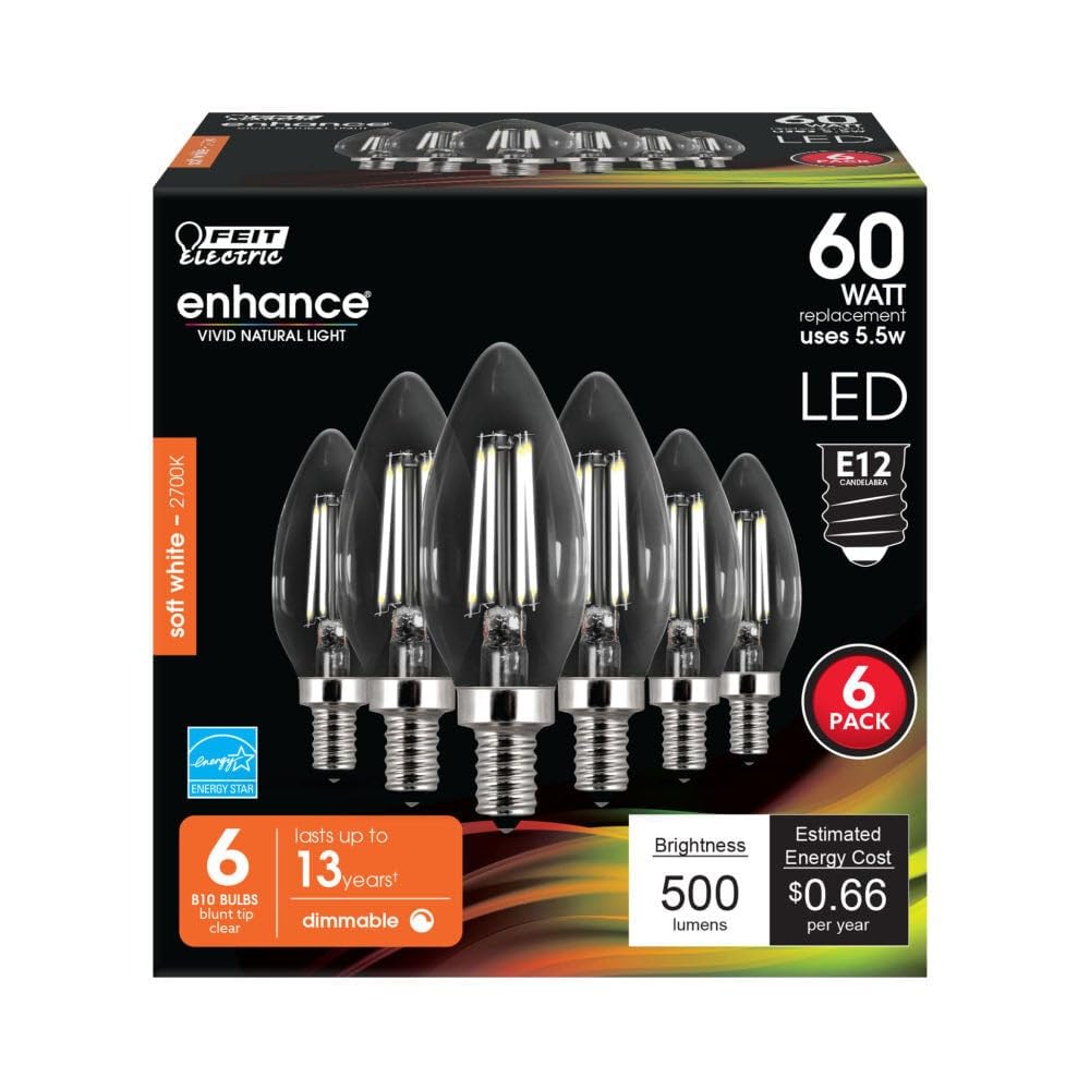 Feit Electric Candelabra LED Light Bulb, Dimmable, E12 Base, 2700K Soft White, 6-Pack, 13-Year Lifetime