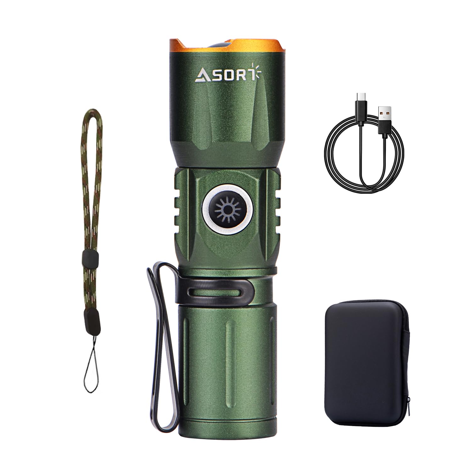 ASORT Mini Rechargeable LED Flashlight, 2000 Lumens, IP67 Waterproof, Zoomable, 4 Modes, Aluminum, Green, Model T1C