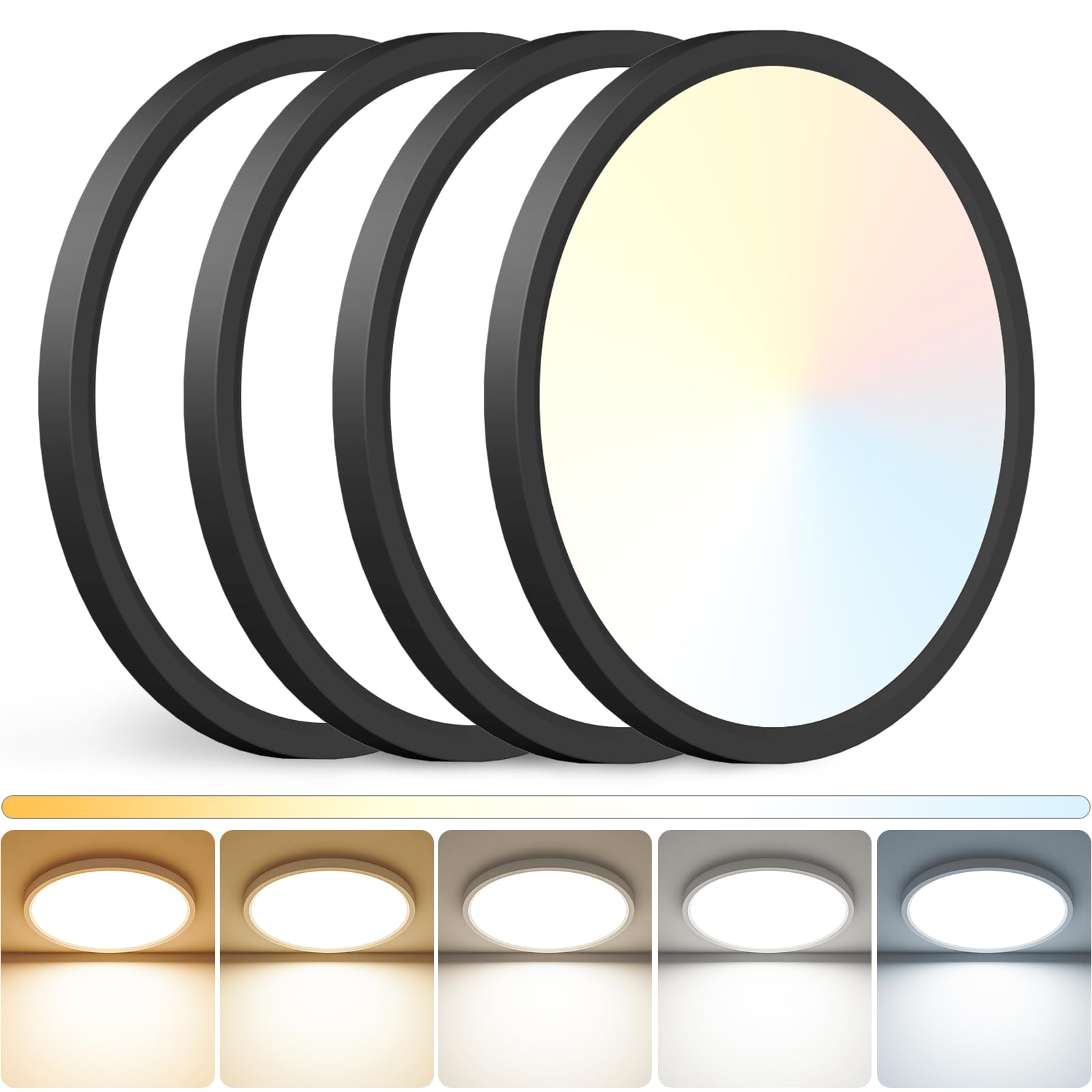 Peasur 12 Inch LED Ceiling Light Fixture, 3000K-6500K Adjustable, 3200LM, Black, Model CL62A-4-BK, 4 Pack