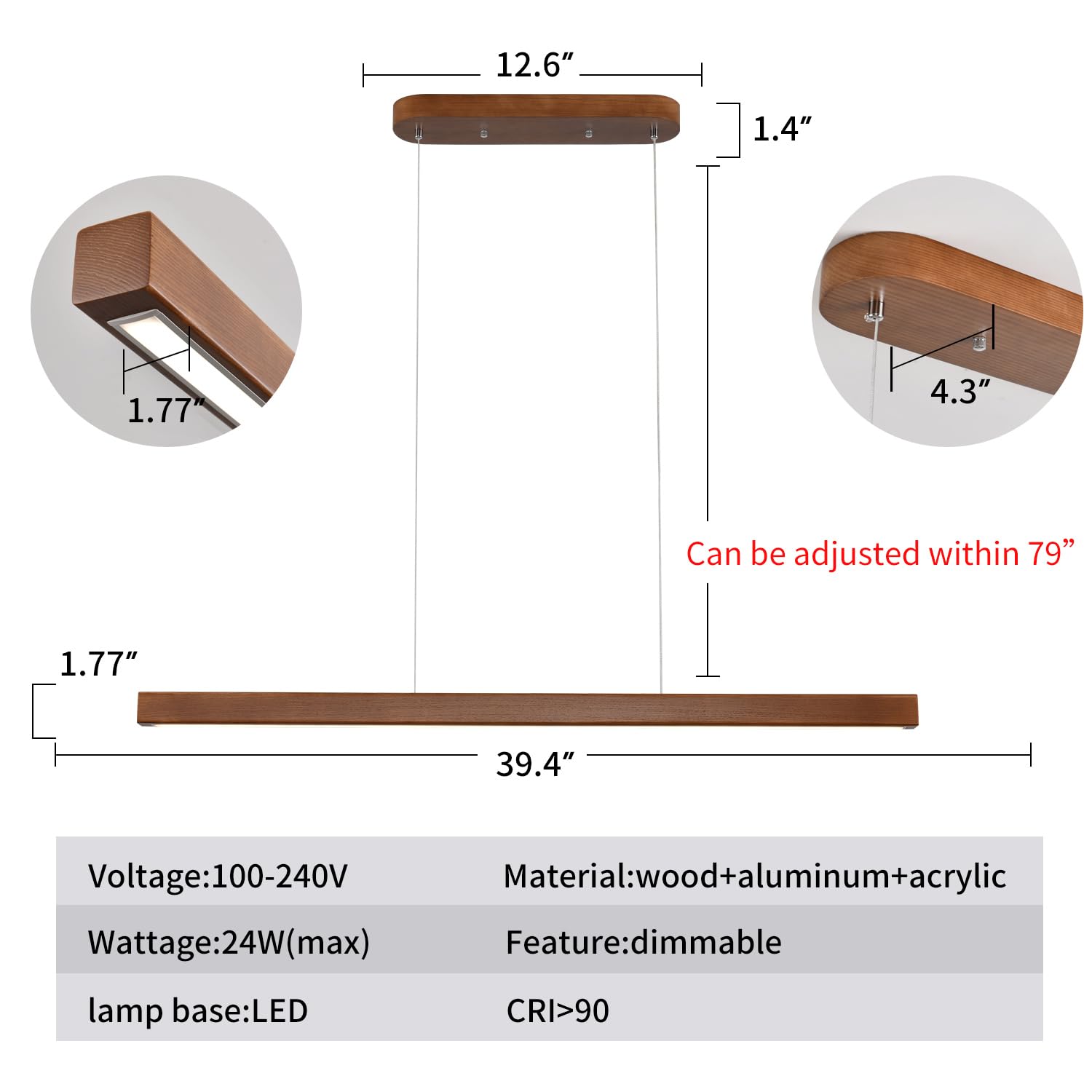 YISDESIGN 39in Wood Linear Pendant Light LED Dimmable Fixture Walnut Color Model 016 for Dining Room Kitchen Island