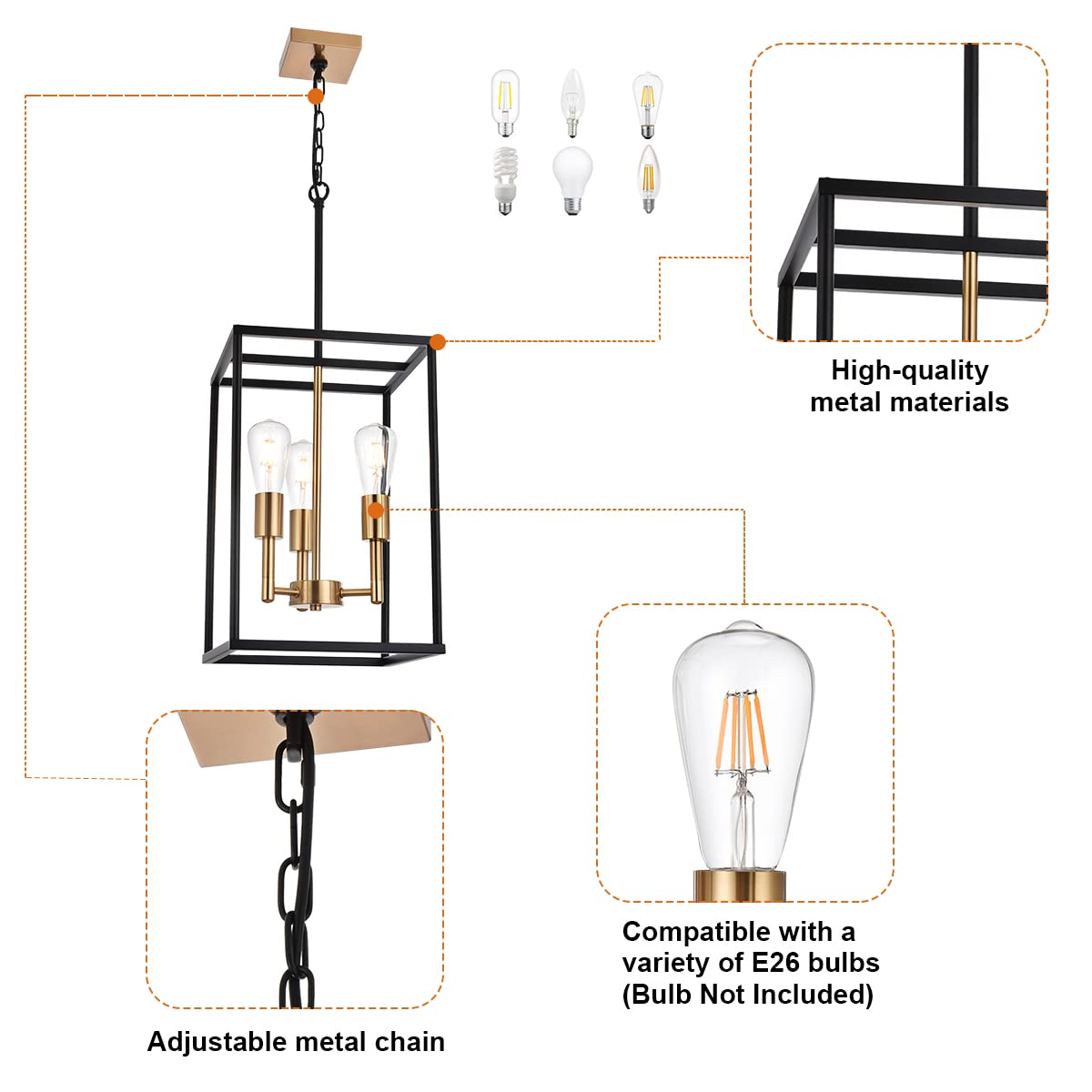 VINLUZ 3 Light Pendant Chandelier, Vintage Industrial Style, Metal, Black and Brushed Brass Finish, Ideal for Kitchen, Dining Room, Foyer