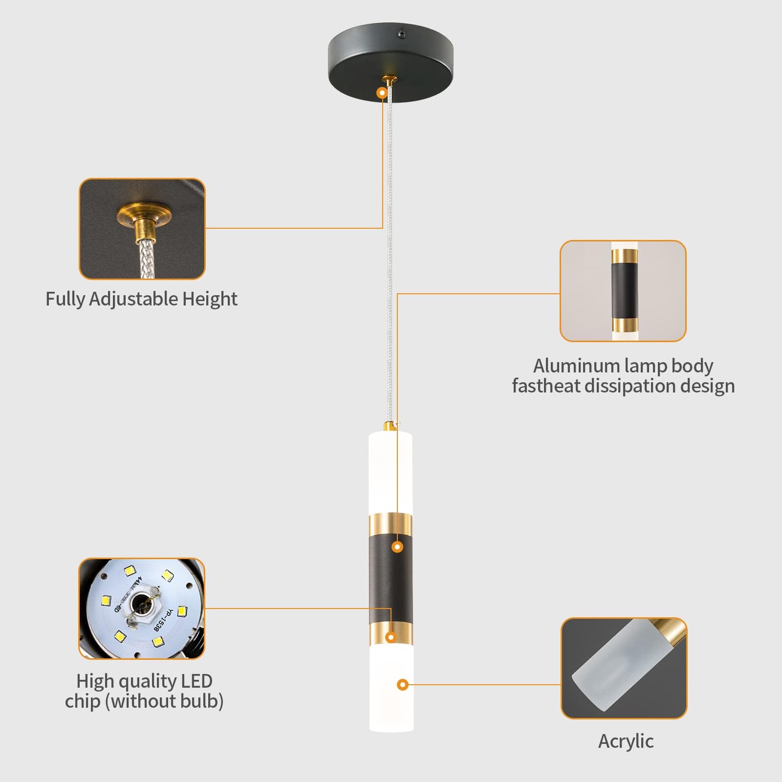 Liangmh Modern Kitchen Island Light Fixture Dimmable Led Black Mini Pendant Light Bedroom Bedside Table Black Gold Small Pendant Lighting (2-Pack)