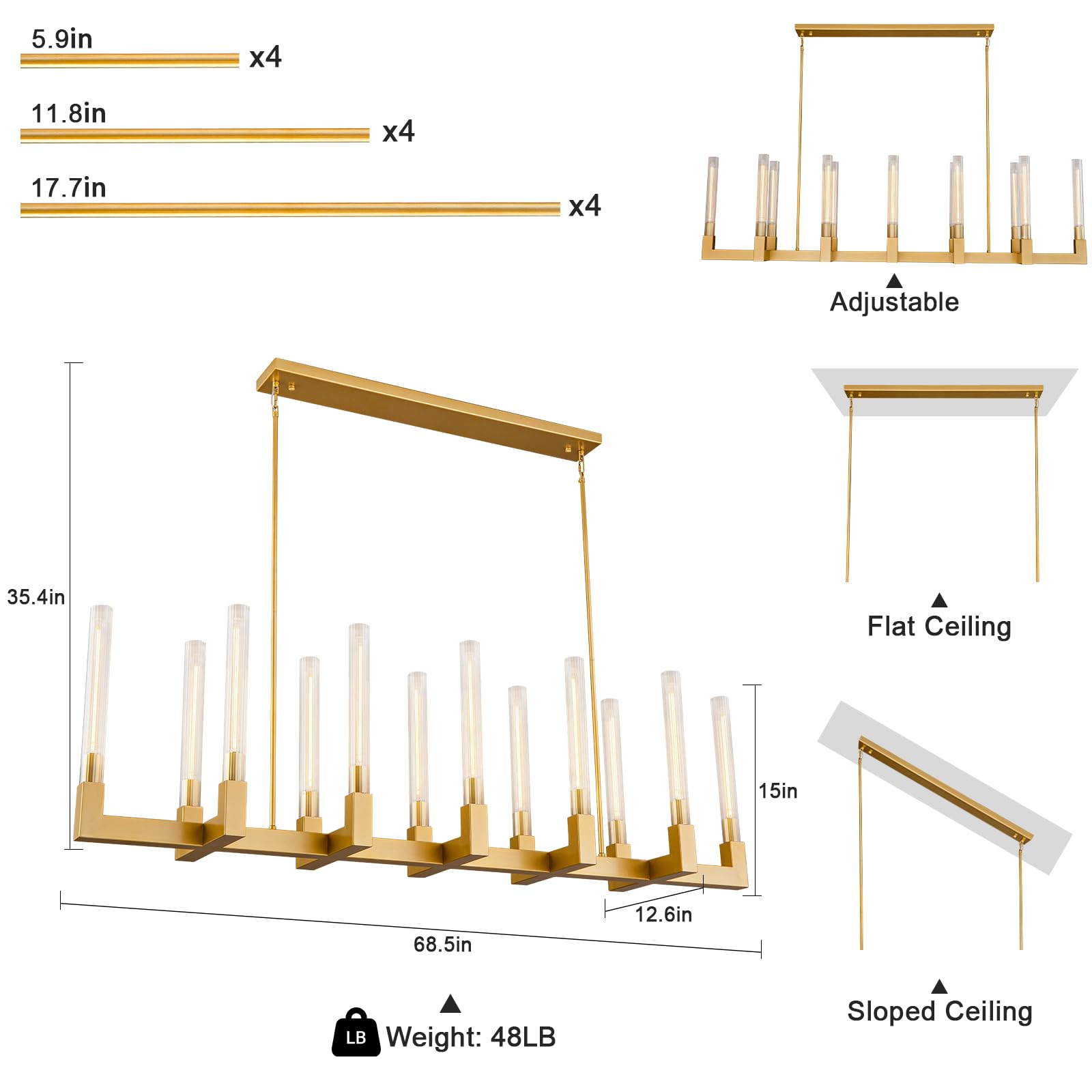 YUEXPAND 68-Inch 12-Light Gold Chandelier, Rectangular Luxury Pendant Light for Dining Room, Living Room, or Foyer, Model CLBR174