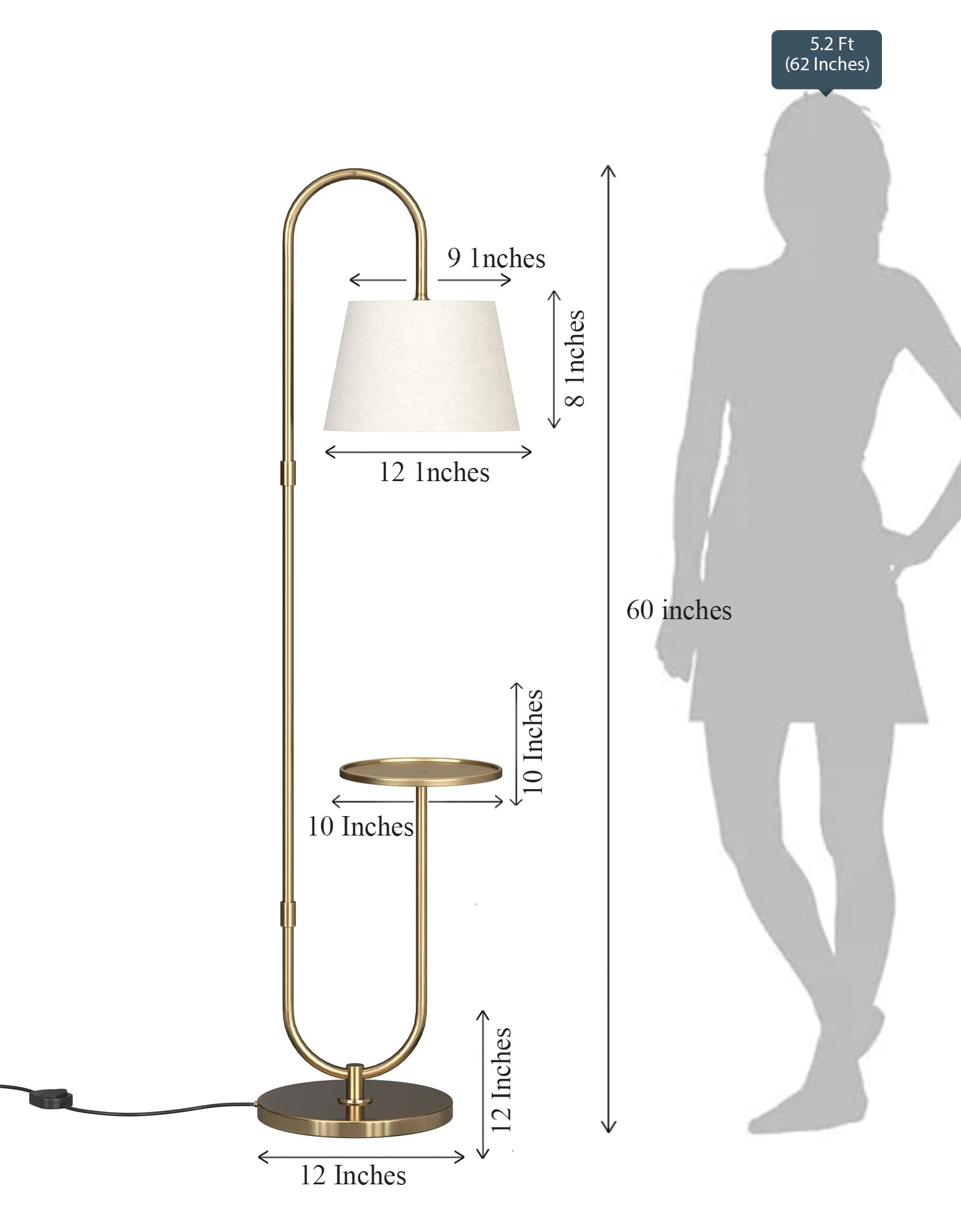 Divine Trends Modern Table Shelf Floor Lamp Standing Brass Antique finish Gold 5ft Height with Shelf Diameter 10 Inches and Off