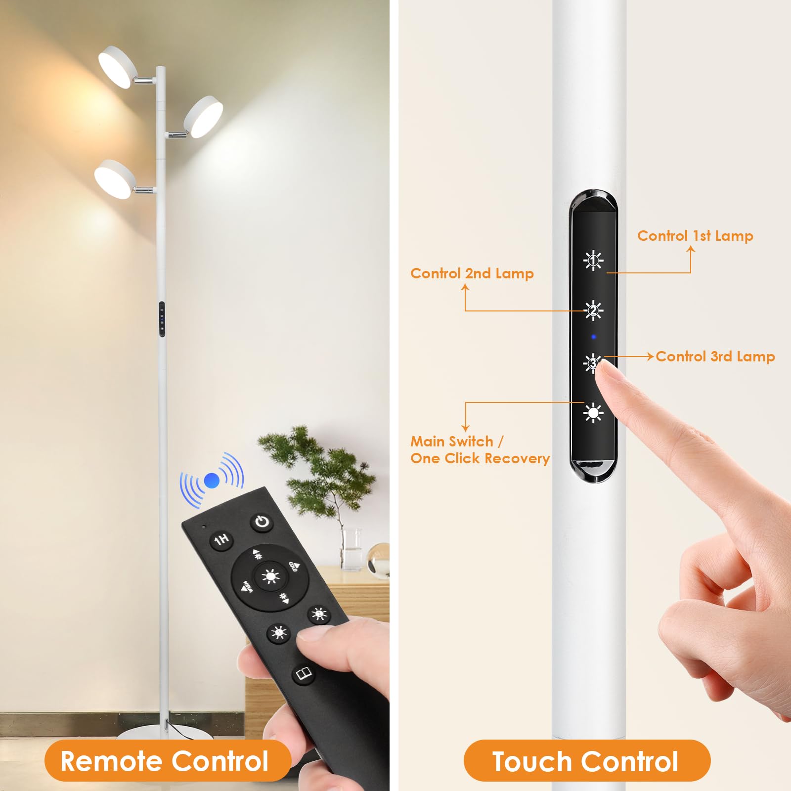 Junnai White Floor Lamp, Tall Standing Lamps With Remote & Touch Control Timer, 30W Tree Floor Lamp Led With 3 Rotatable Light, 4 Color Temperatures Lamps For Reading Living Room Office Bedroom