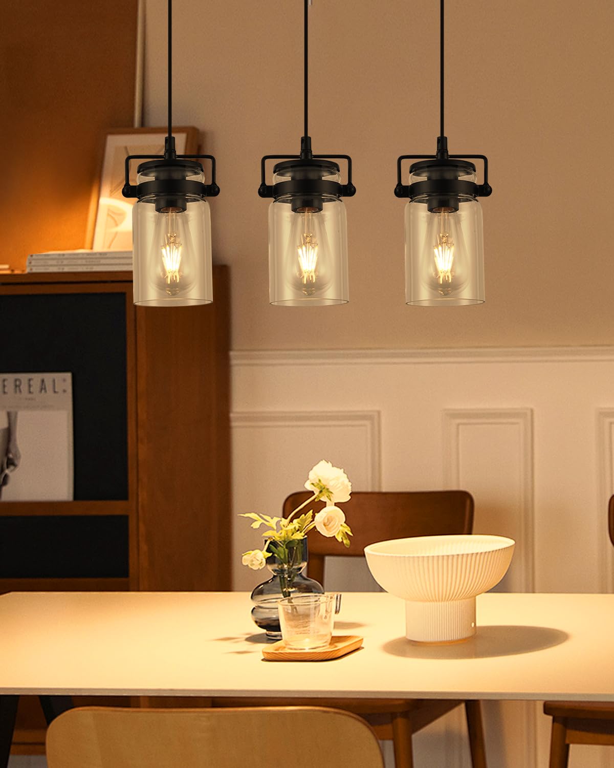 Pendant Lighting For Kitchen Island  Modern Glass Pendant Light Linear Chandelier For Dining Room Industrial Hanging  3 Light Fixture Adjustable Cord Farmhouse Ceiling Light Black Finish