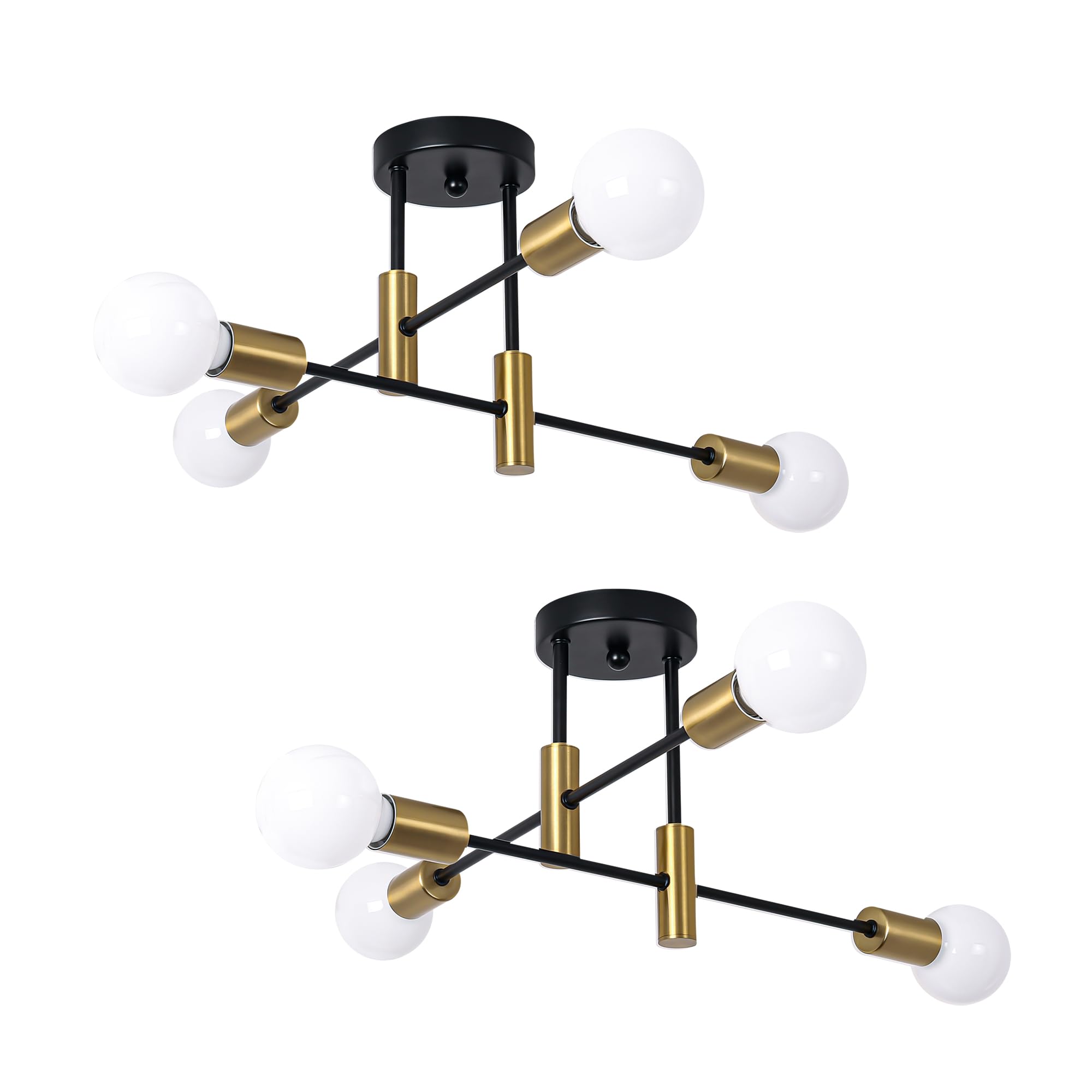 Garwarm 2 Pack 4-Light Industrial Semi Flush Mount Sputnik Ceiling Light Fixture, Black And Gold Modern Sputnik Chandelier For P