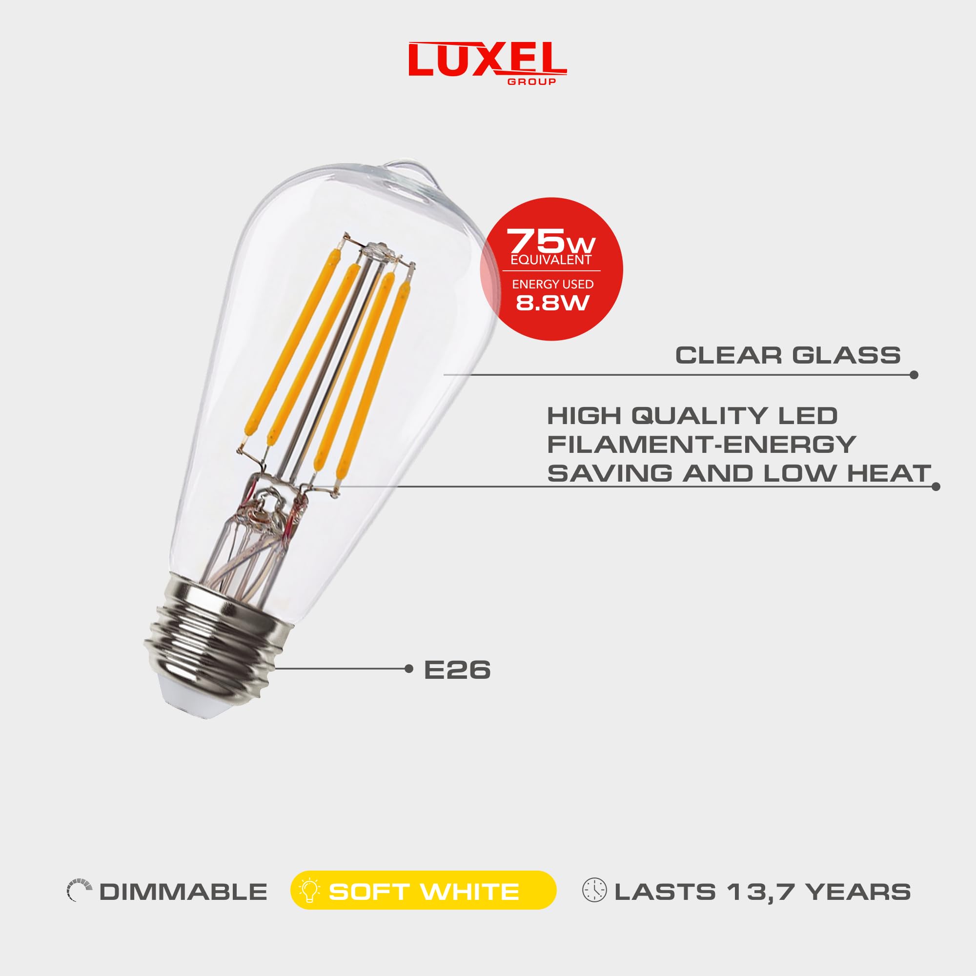 Vintage LED Edison Bulbs ST19 (ST64) - 8.8W Equivalent 75W - Dimmable High Brightness Soft White 2700K Antique LED Filament Bulb