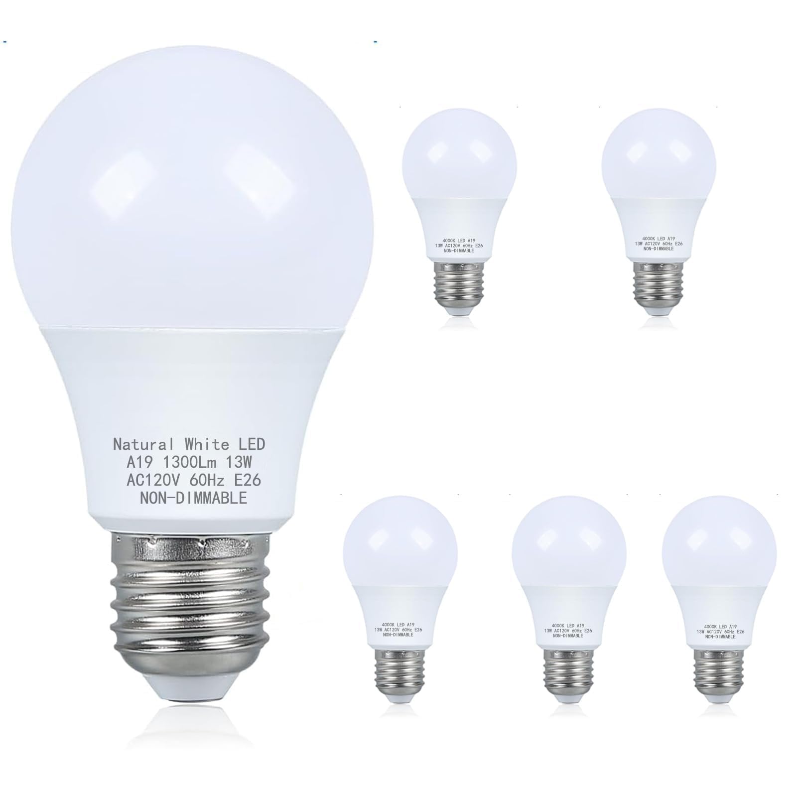A19 LED Light Bulbs 100W Equivalent, Natural White 13W 4000K 1300 Lumens 100-130V E26 Base bulb Not-Dimmable, A19 Led Energy Eff
