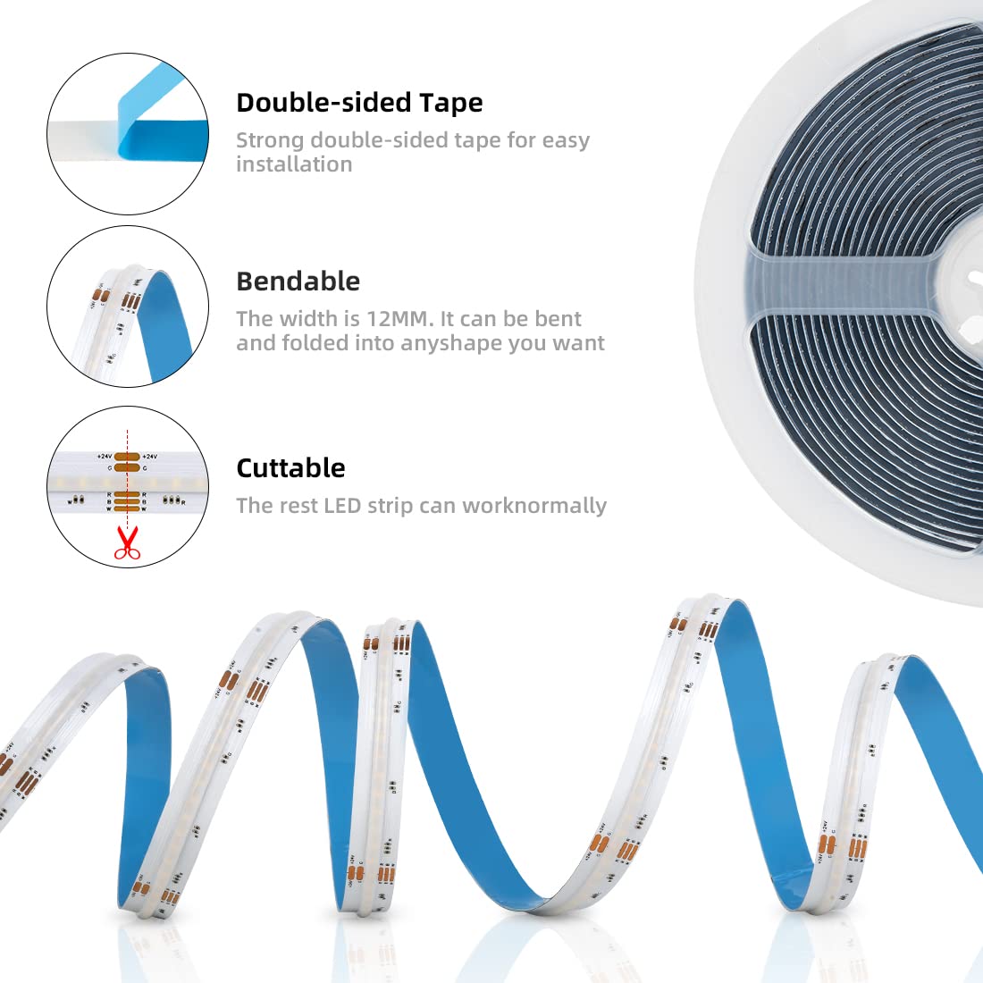 BTF-LIGHTING FCOB COB LED Strip 3000K RGBW 16.4FT DC24V High Density Plastic, Model FOB5M24V896LRGBWW30