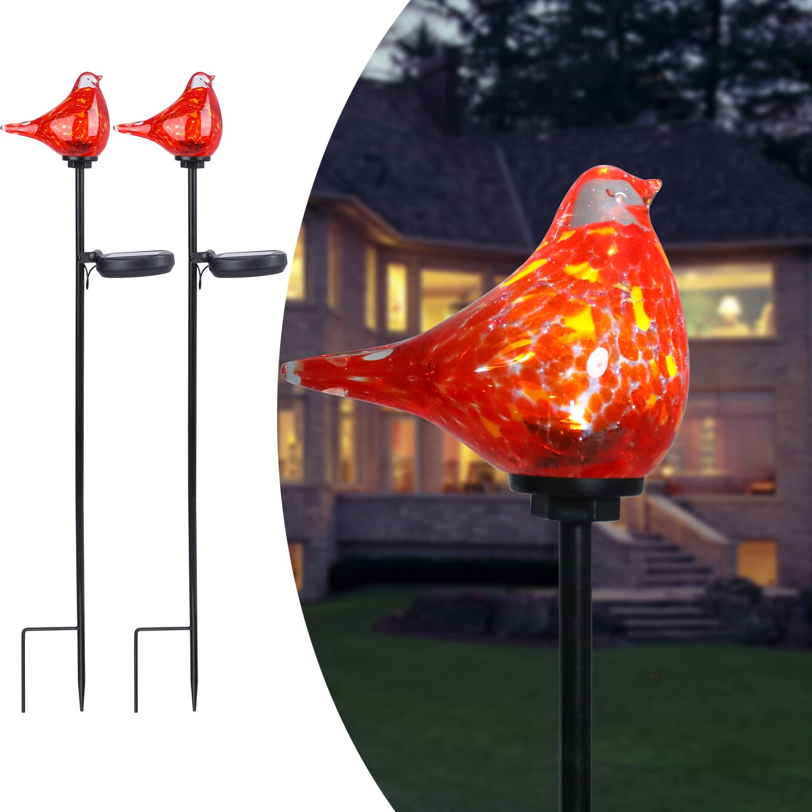 Afirst Solar Outdoor Lights - Decorative Solar Stake Lights Cardinal Handblown Glass Garden Stakes, Waterproof for Pathway Decor