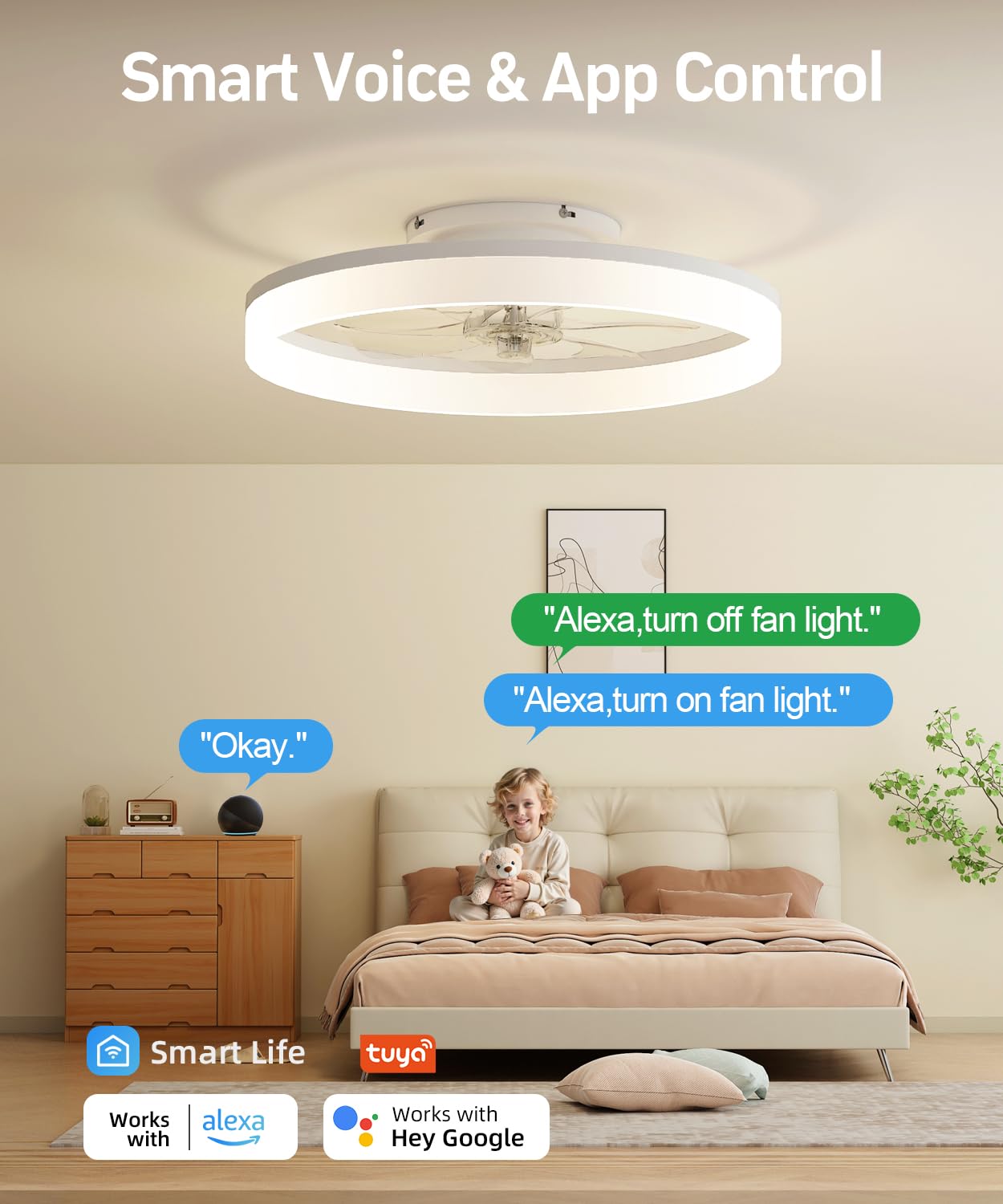 AQUBT Smart Ceiling Fan with Light, 20'' Low Profile, 6-Speed, Dimmable LED, Alexa Control, White, Model 1138-Wwifi