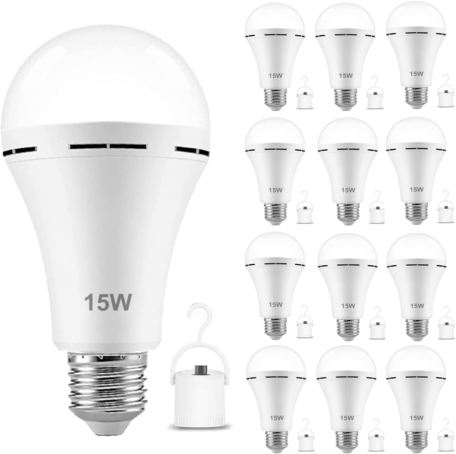 garageangle Emergency LED Light Bulb, 15W Rechargeable, 150W Equivalent, E26 Base, White, 12-Pack