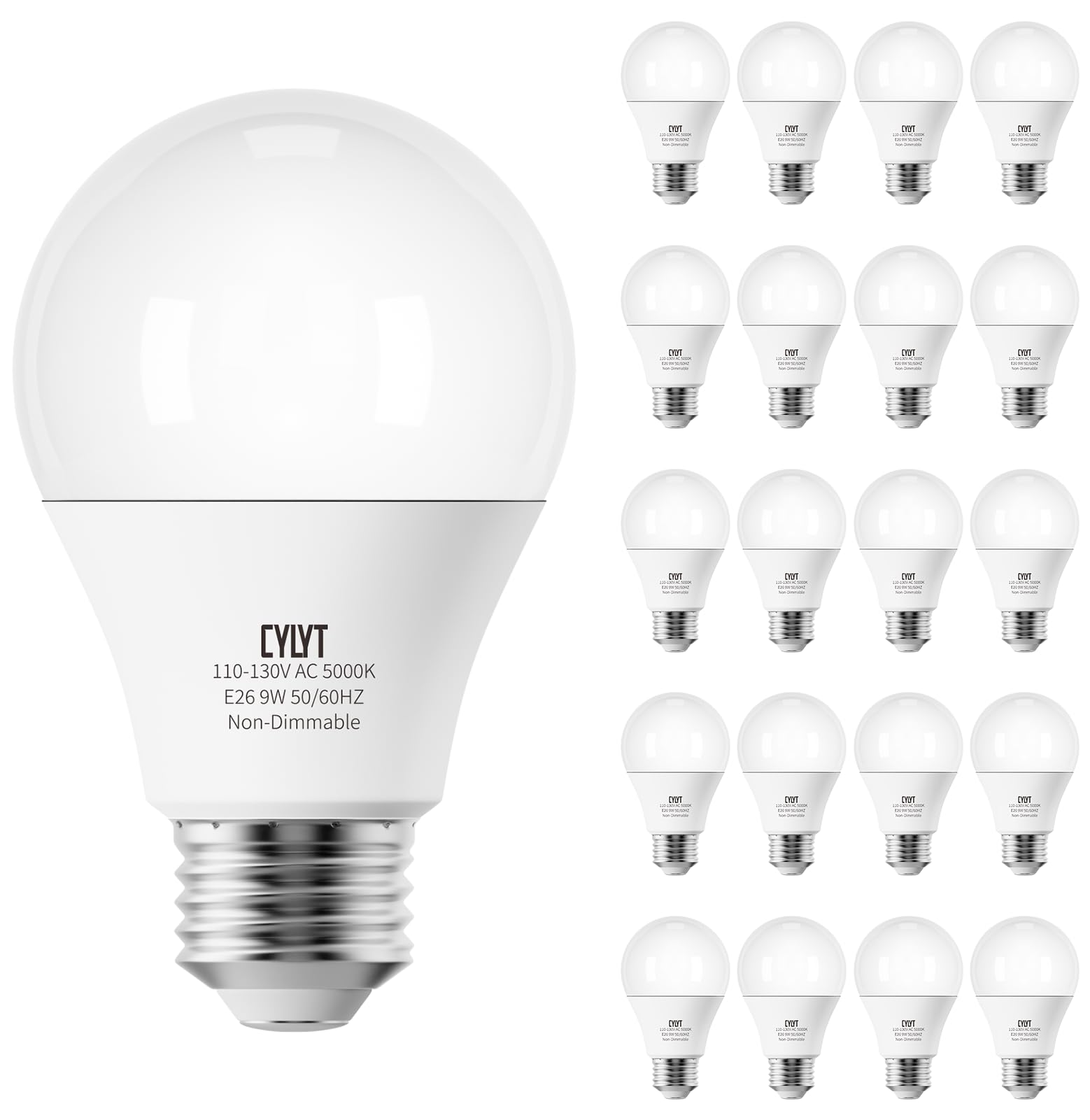 CYLYT Light Bulbs 60 Watt Equivalent Solt White 5000K, E26 A19 LED Light Bulb 9W 800 Lumen, Focos LED para Casa, 120V 60HZ Lightbulbs for Indoor Outdoor, Non-Dimmable, 20-Pack