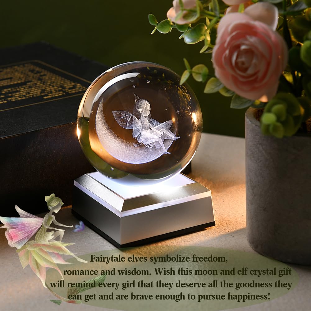 Zrenjhus 3D Moon & Fairy Crystal Ball With Colorful Light Base 80Mm Laser Fairy Glass Decorative Ball Fairy Snow Ball Gifts Expr
