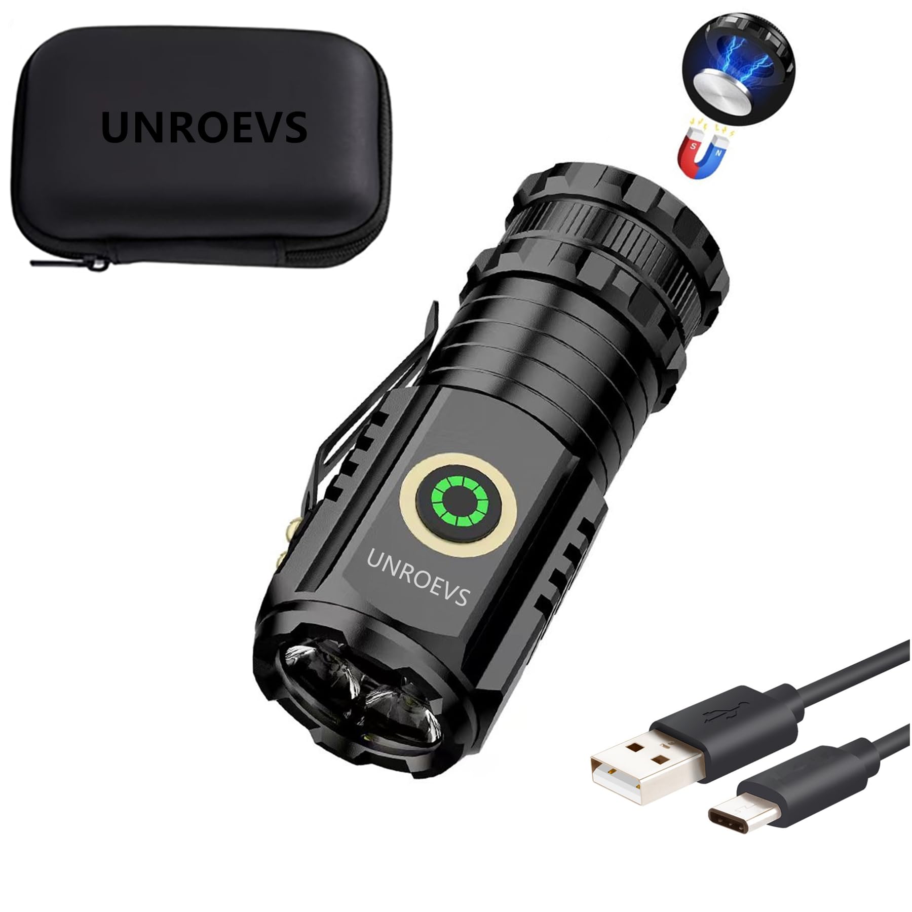 UNROEVS Mini Flashlight 2550 Lumens Rechargeable USB C, 5 Modes, Pocket Light, Black, Model: Mini Flashlight