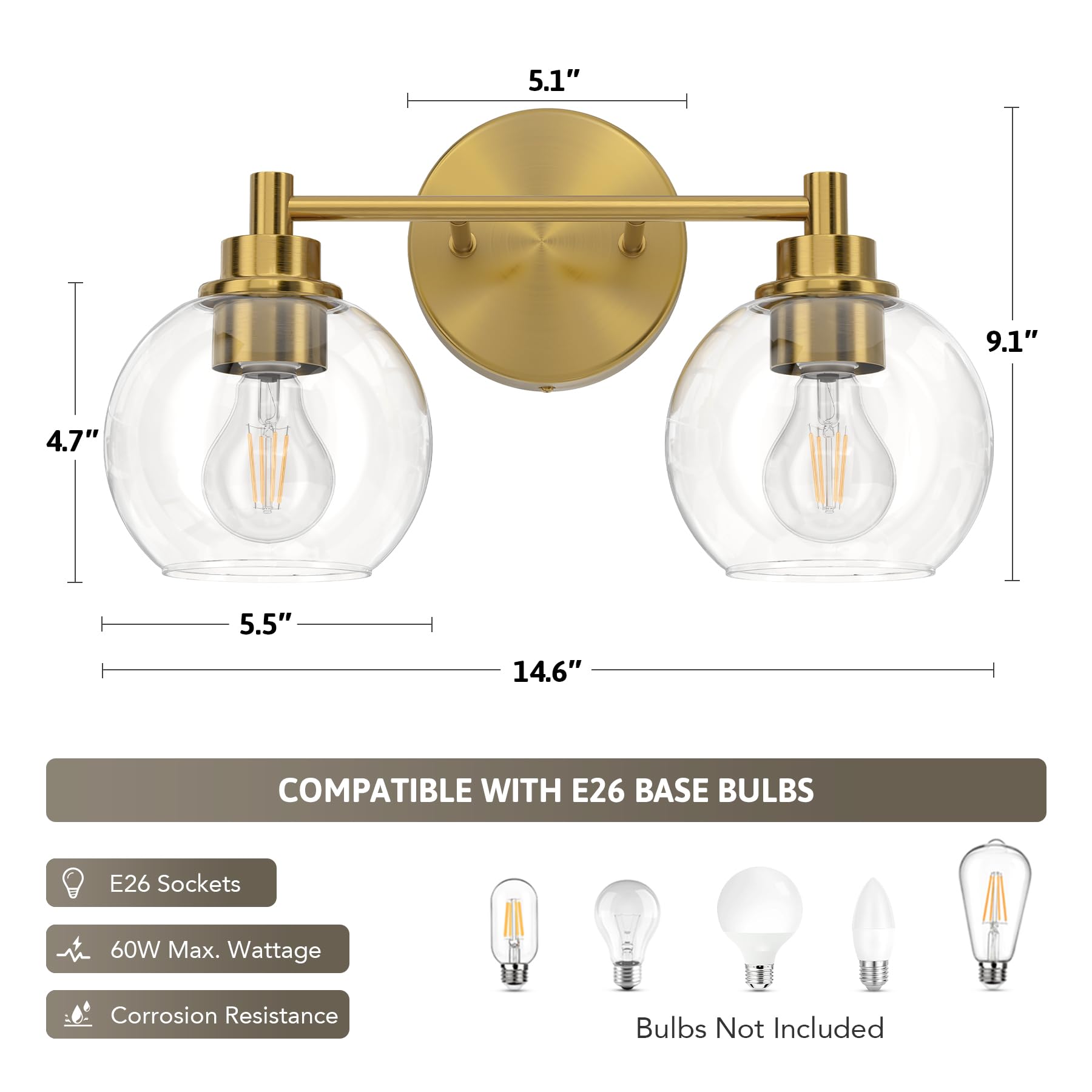 Vonluce Bathroom Light Fixtures - 2-Light Vanity Light With Globe Glass Shades, Gold Finish, Suitable For Bedroom, Hallway, Livi