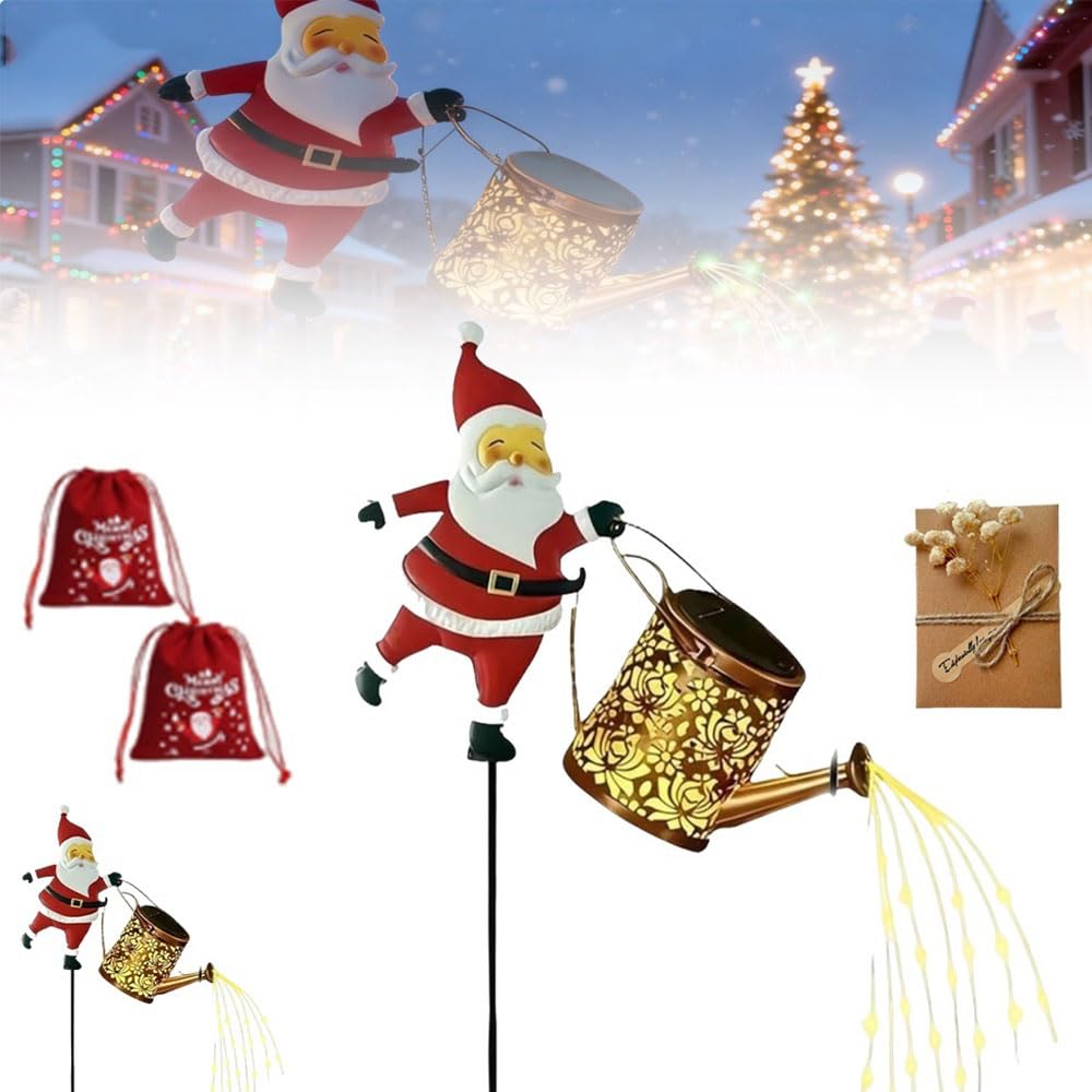 Christmas Solar Kettle Lights Garden Lawn Decorative Lights, Christmas Hanging Metal Solar Santa Claus Watering Can Light Vintag