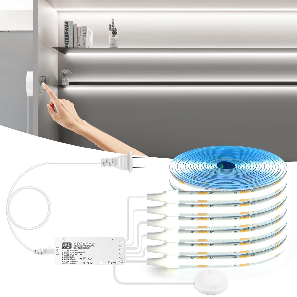 Chnmalitai Under Cabinet Led Lighting Kit  6 Pcs 6500K White Led Strip Lights Penetrable Wood Touch Dimmable Cob Led Strip With 60W Adapter For Kitchen Cabinet Counter Shelf Tv Back Showcase