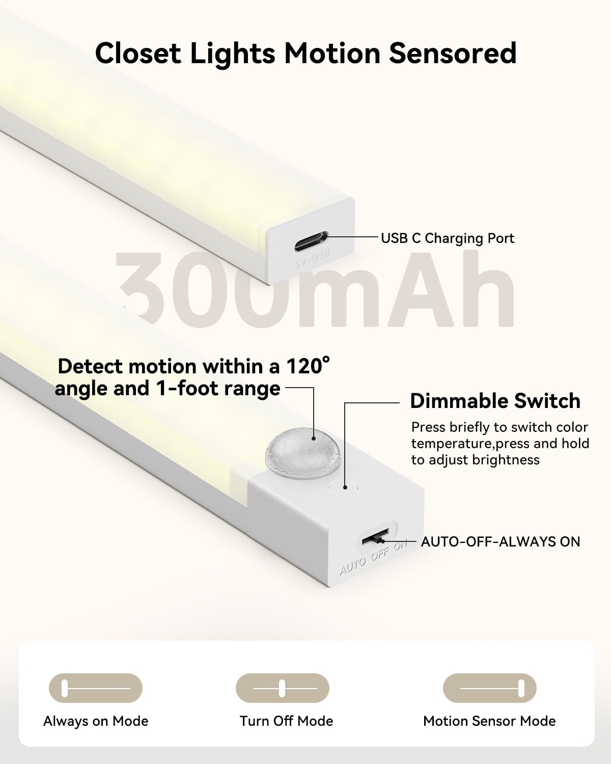 Rihvy Under Cabinet Lighting - 8" Rechargeable Motion Sensor LED Light, Dimmable, Battery Operated, White, 3 Pack