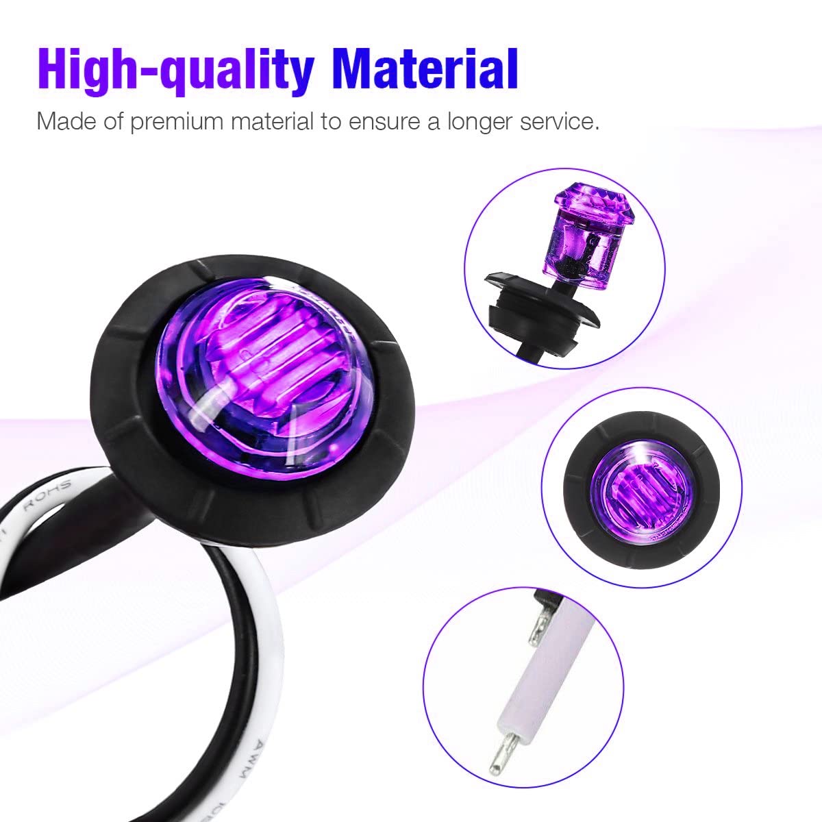 KEING 10 Pack Waterproof Mini Round 3/4 Inch Purple LED Marker Lights for Trailer, Truck, RV, 12V, 5-Year Warranty