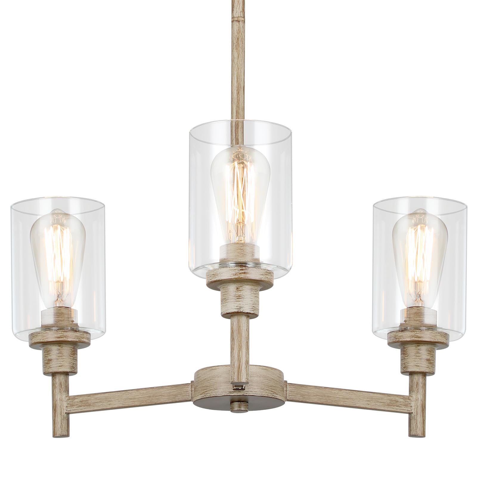 3 Light Farmhouse Chandelier | Rustic Chandeliers For Dining Room Light Fixtures |   Wood Hanging Lighting With Clear Glass Cover For Kitchen Island | Entryway | Bathroom | Corridor | Hallway