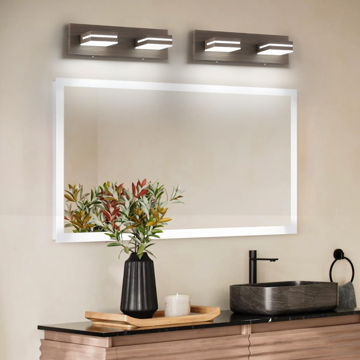 Sinerise Led Modern Bathroom Vanity Light Fixtures (2-Light, 15.5-Inch), Brown Wood Painted Modern Acrylic Bathroom Wall Lightin