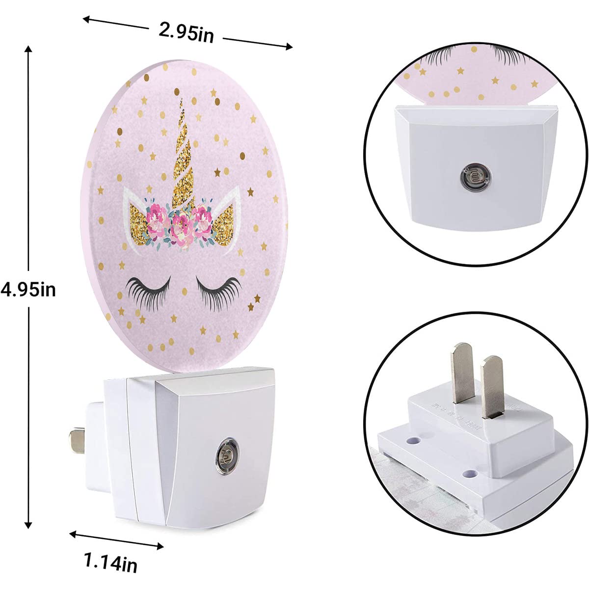 Ekobla Unicorn Pink Night Light Gold Golden Polk Dots Stars Night Lights Plug Into Wall With Dusk To Dawn Sensor Round Led Lamp For Teen Girls Fun Novelty Gift