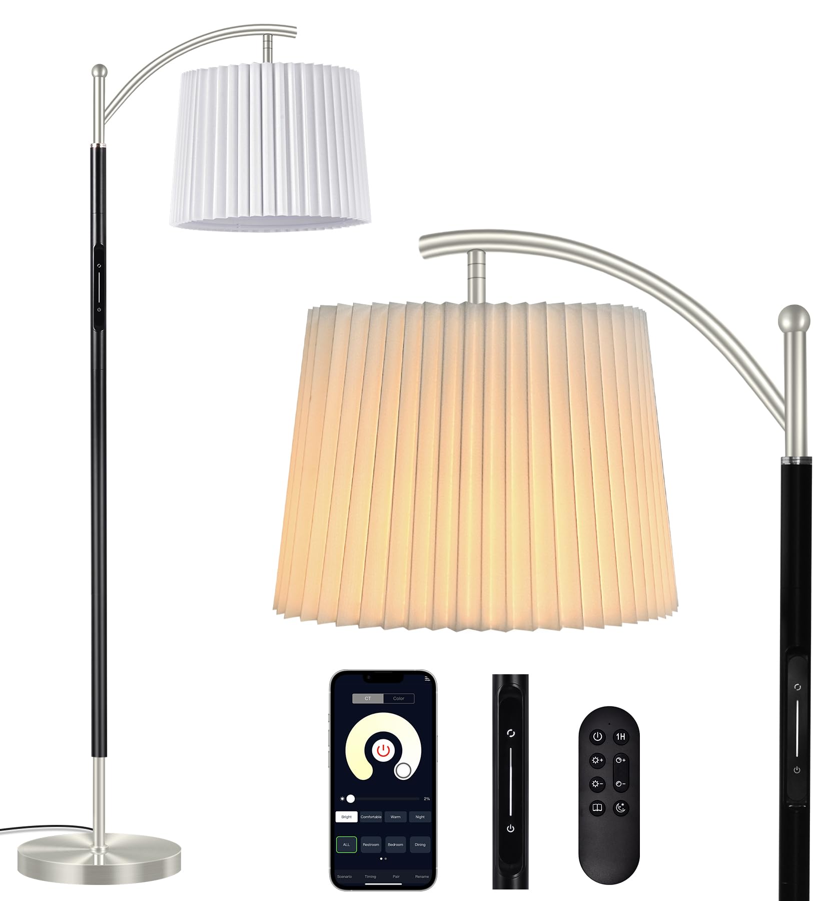 Etto LED Floor Lamp with APP & Remote, Touch Control, Stepless Brightness, Pleated Lampshade, Black Nickel, Model FL-0105