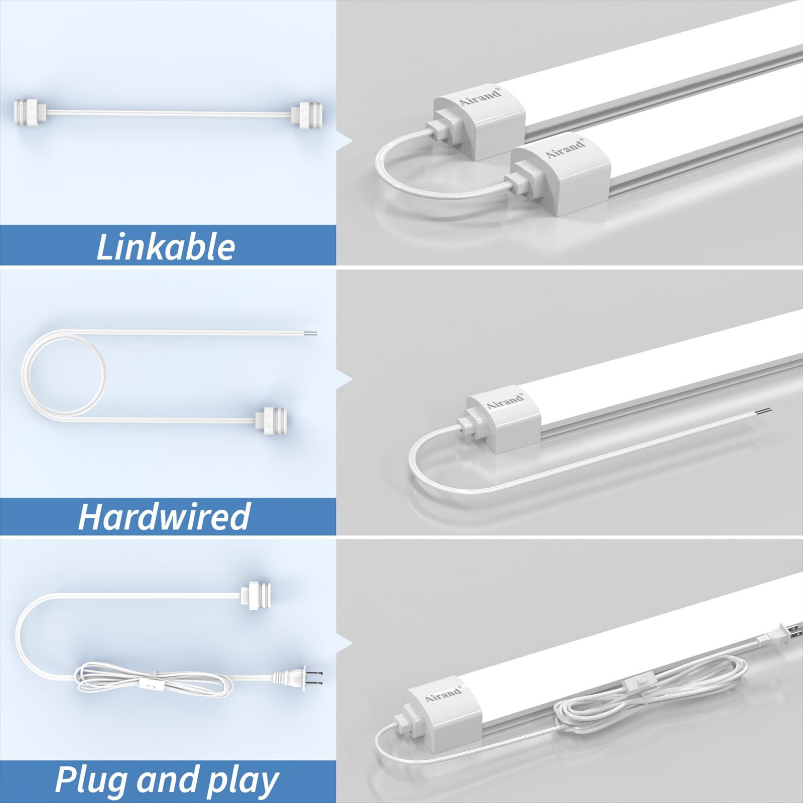 Airand LED Shop Light 4FT, 36W, 5000K, Utility Linkable, White, Aluminum, Corded with Plug and ON/Off Switch