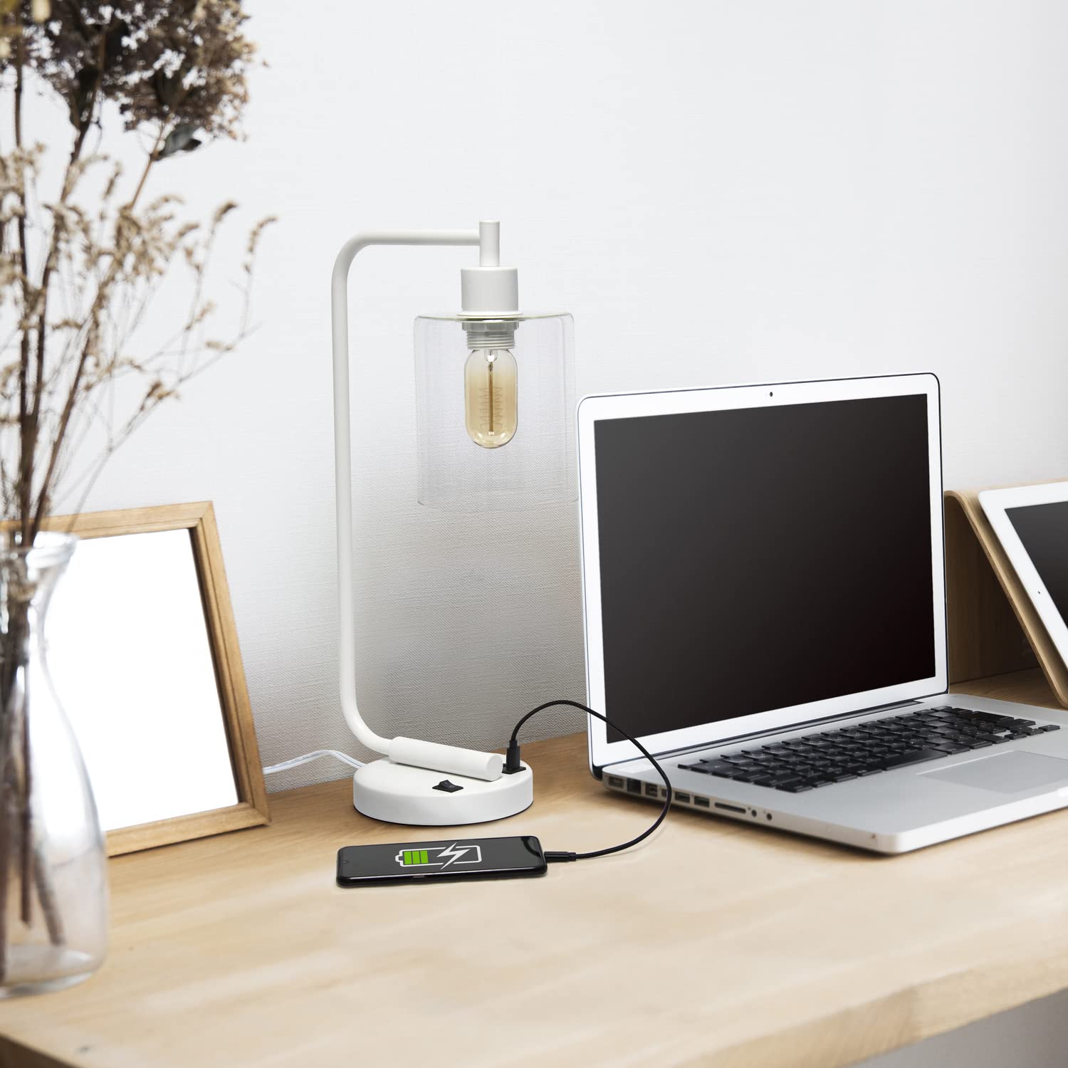 Simple Designs Bronson Industrial Iron Lantern Desk Lamp with Dual USB Ports, Glass Shade, White, Model LD1066-WHT