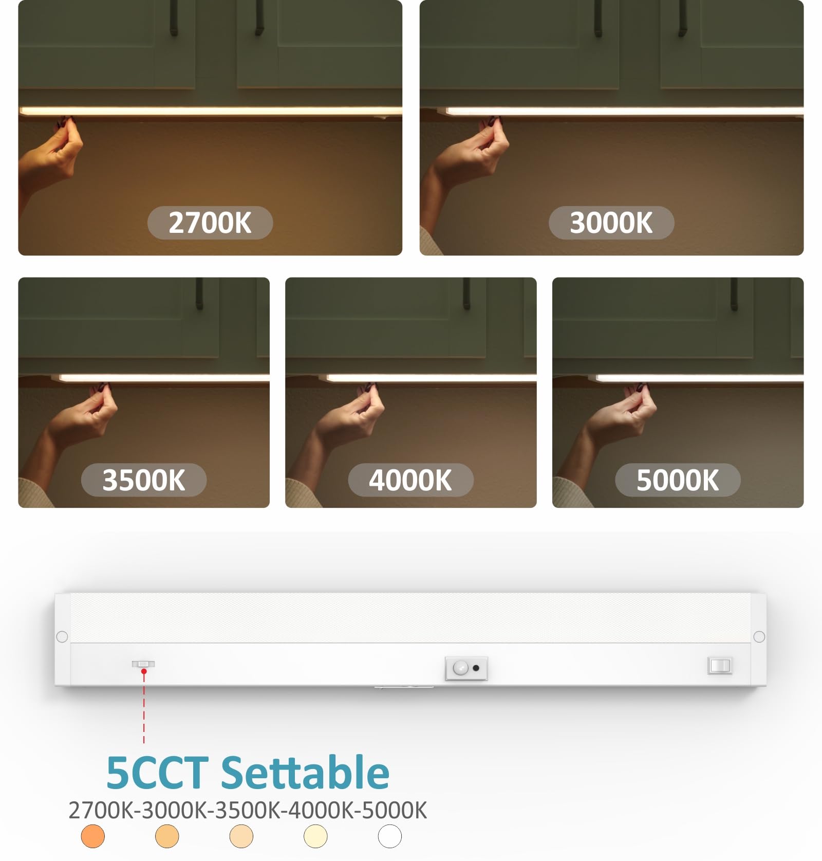 Leetdud Under Cabinet Lighting Motion Sensor Hardwired, 24 Inch 12W Dimmable, 5 Cct 2700/3000/3500/4000/5000K, Eyes Care Design