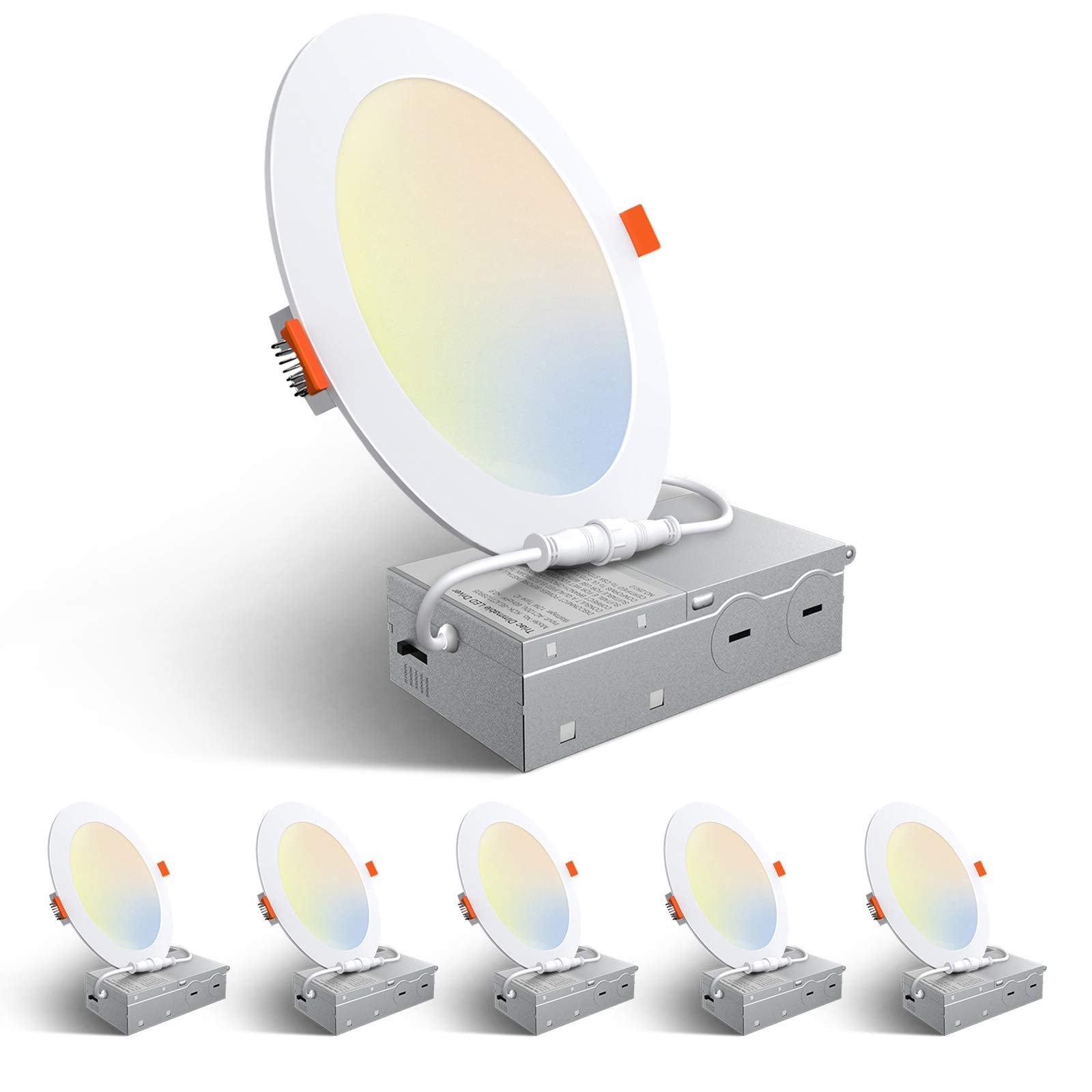 Amico 6 Pack 6 Inch 5Cct Ultra-Thin Led Recessed Ceiling Light With Junction Box, 2700K/3000K/3500K/4000K/5000K Selectable, 12W Eqv 110W 1050Lm Brightness Dimmable Canless Wafer Downlight, Etl & Fcc