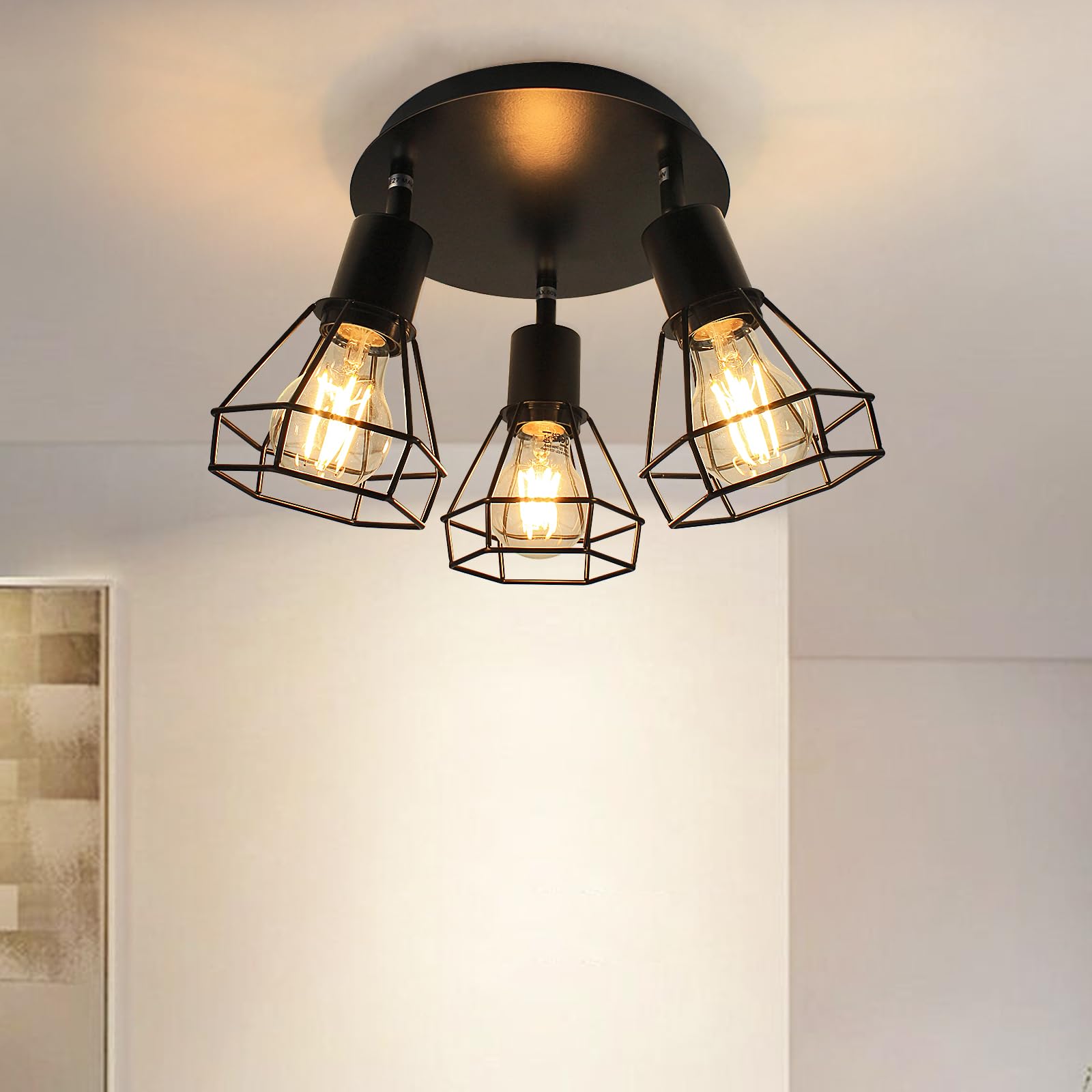 HiBay LED Track Lighting Fixtures, 3-Light Adjustable Directional Ceiling Light, Black Geometric Metal Cage Industrial Spotlight