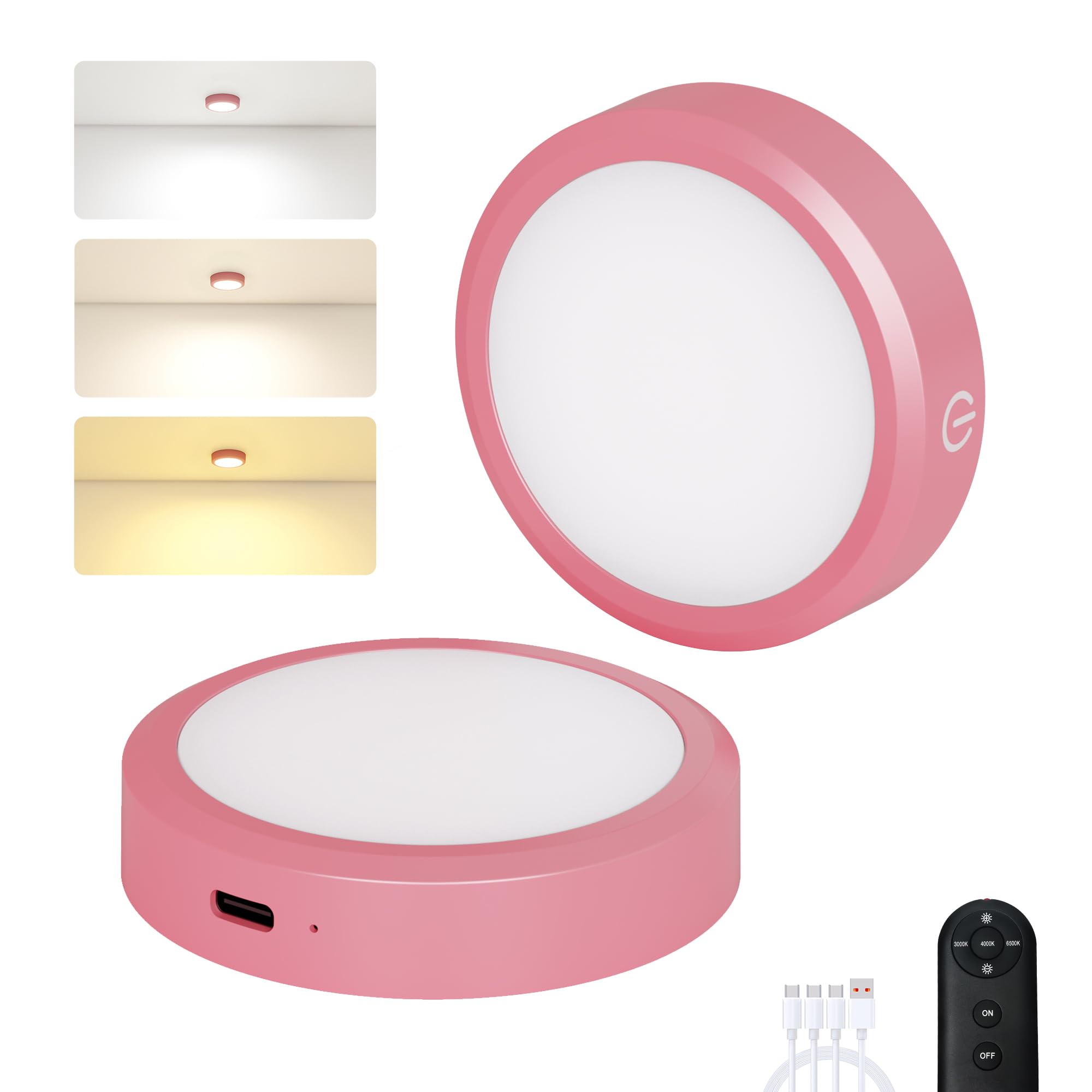 MICLIONLED Rechargeable Puck Lights, LED Under Cabinet Light, Wireless, 3 Color Temperatures, 2 Pack, Pink, Model M3-GB17