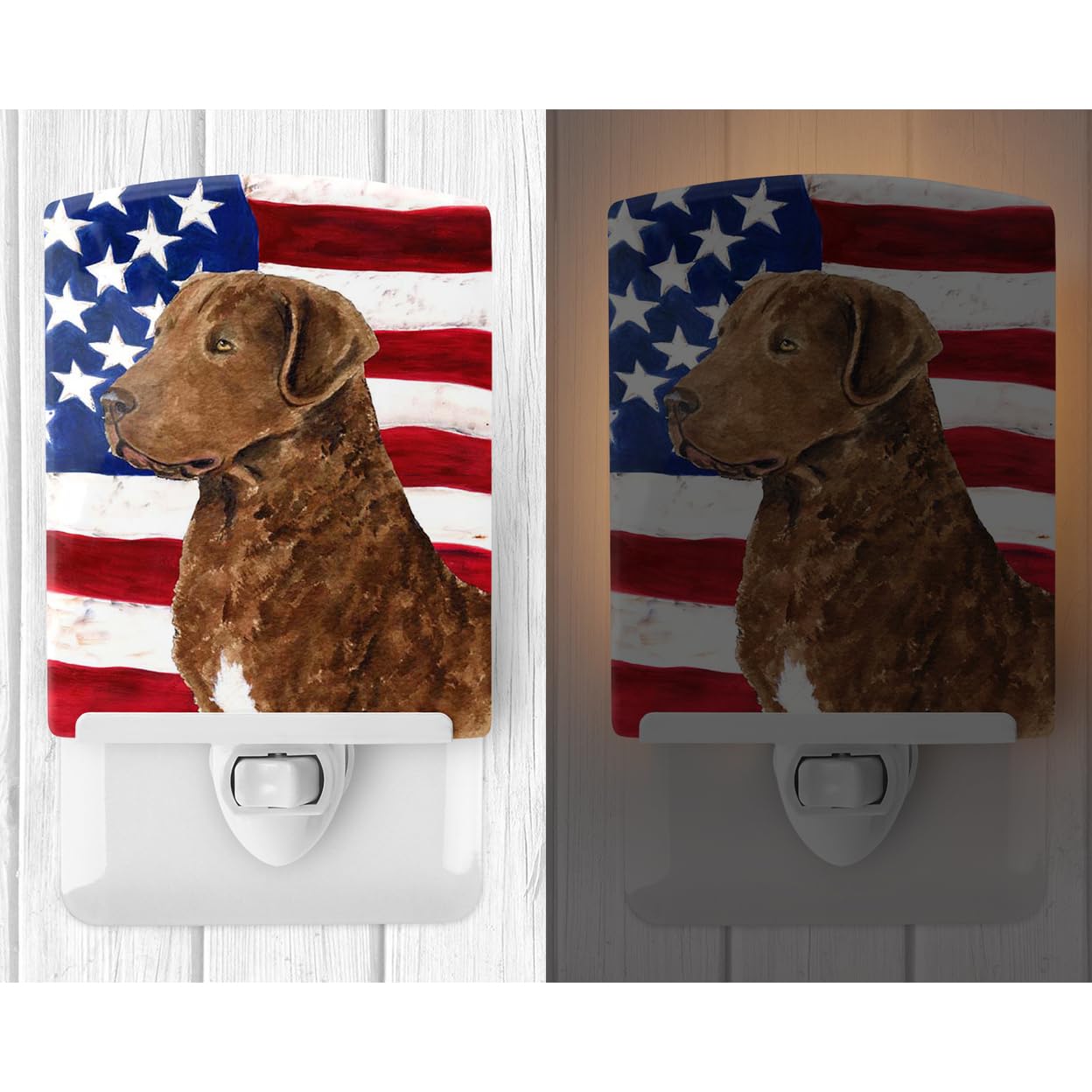 Carolines Treasures Ceramic Night Light, USA Flag, Curly Coated Retriever, UL-Certified, 6x4x3in, Multicolor, Model SS4016CNL