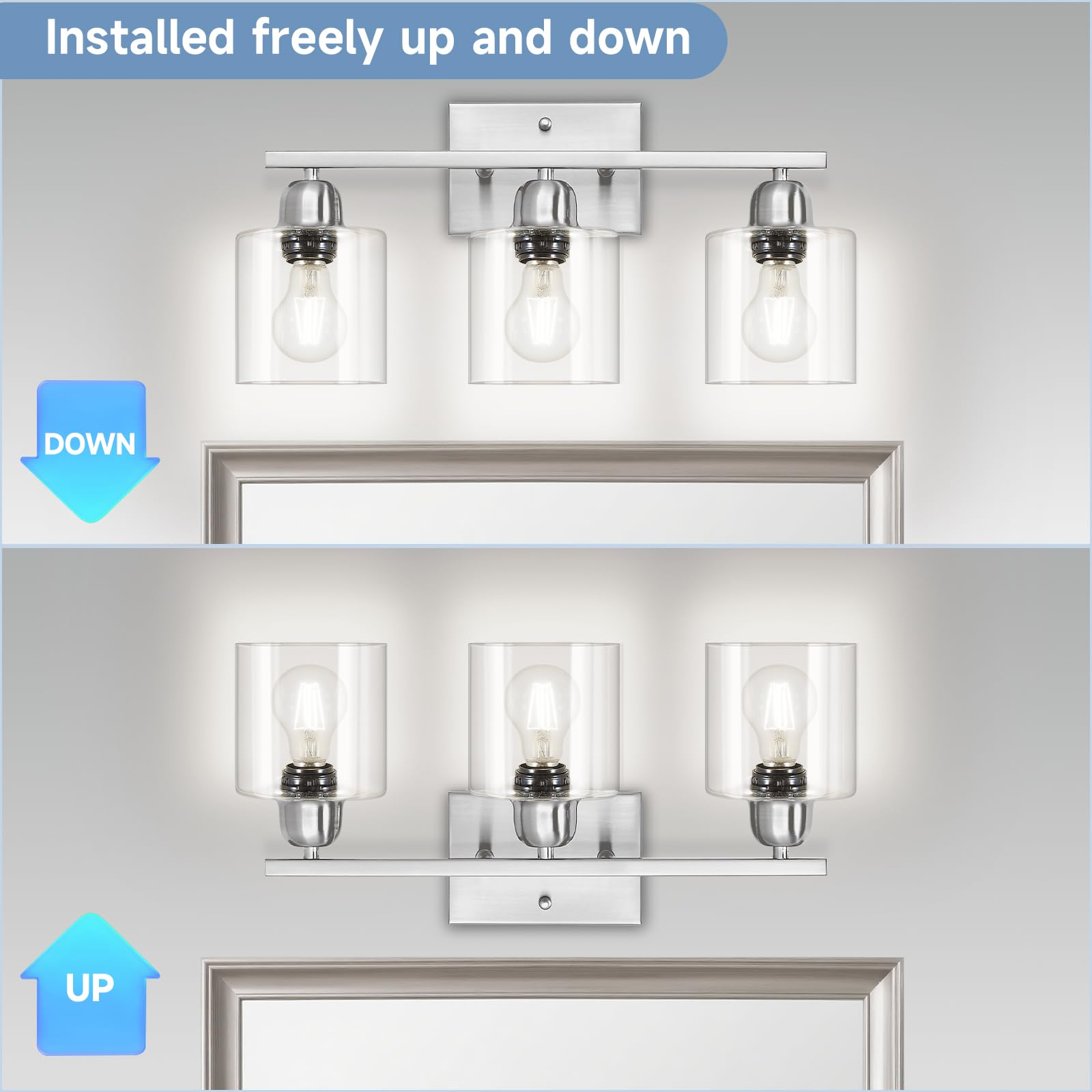 Faishilan Modern Brushed Nickel 3 Light 19 Inch Vanity Lights For Bathroom With Clear Glass  Bathroom Lighting Fixtures Over Mirror For Mirror Kitchen Living Room Hallway Cabinet Porch
