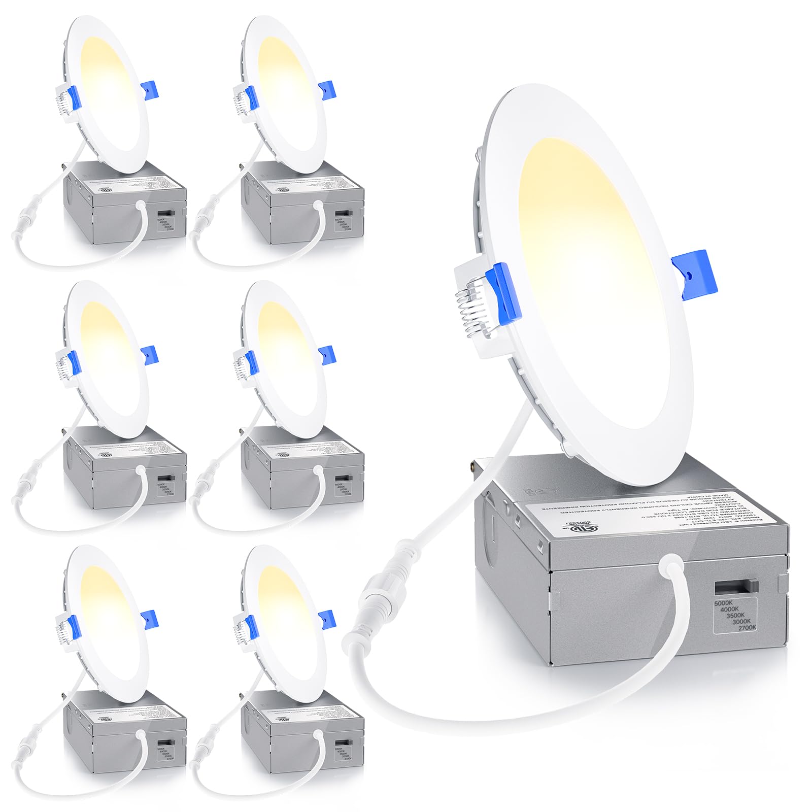 Ensenior 6 Pack 4 Inch LED Recessed Light, Dimmable, 2700K-5000K 5CCT, 750LM High Brightness, 9W 120V, Damp Rated, Ultra-Thin Ca