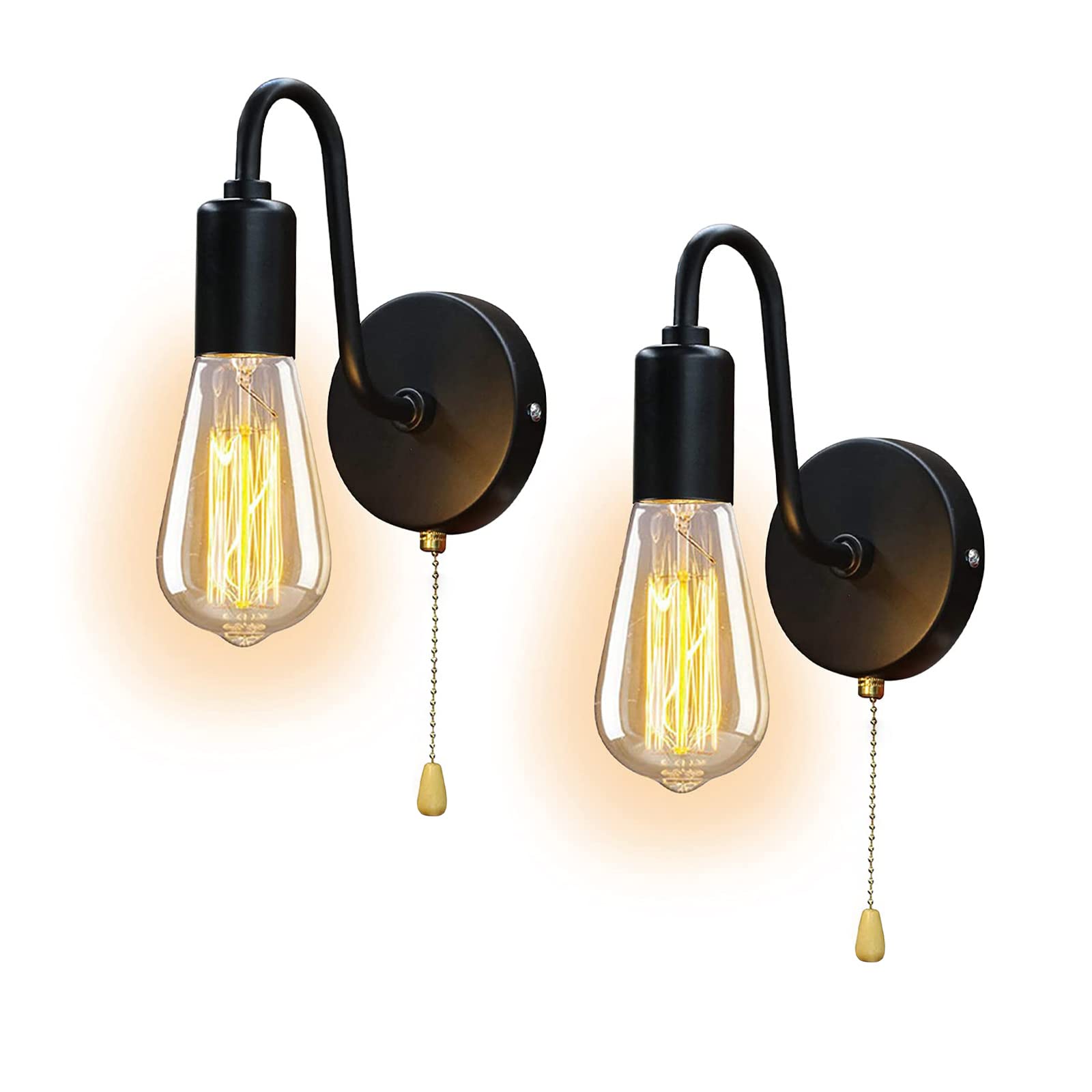 Jzcdr Vintage Pull Chain Wall Light Fixtures With On Off Switch, Hardwired Wall Sconce Set Of 2 Retro Black E26 Wall Sconces Indoor Wall Lamps For Bedrooms Living Room Kitchen